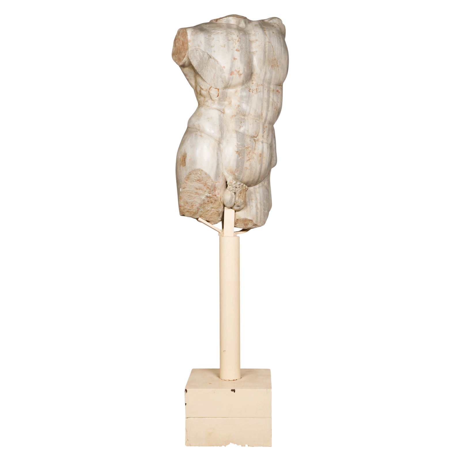 Romanl Male Torso Marble Sculpture on Stand: Roman antique male torso sculpture in the classical Greco Roman style, carved in marble and depicting an idealized nude male form with defined muscular anatomy. The fragmentary figure emphasizes the s