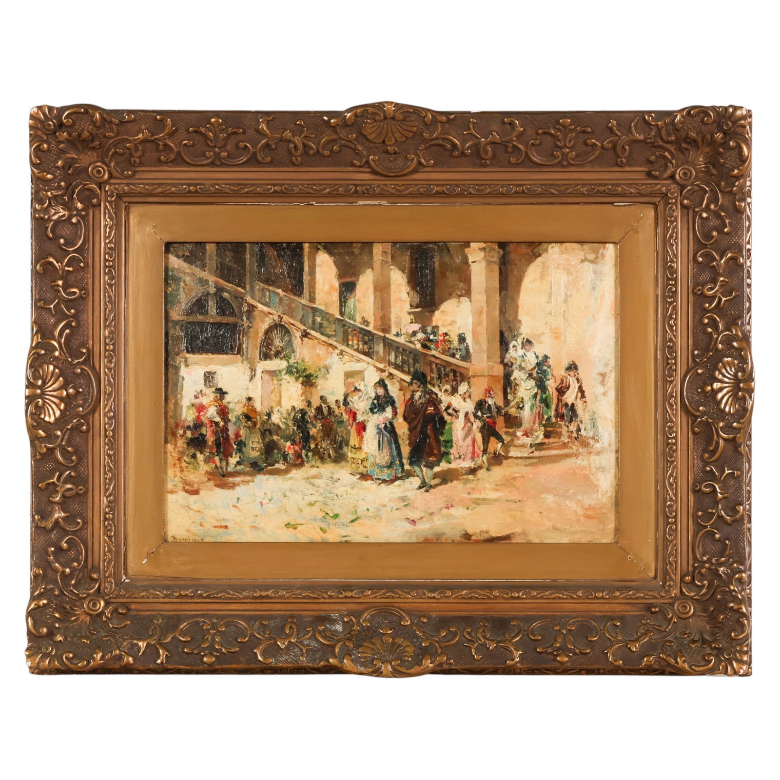 Francisco Domingo y Marques 1842-1920 Painting: Francisco Domingo Y Marques (Spanish, 1842-1920), an oil on panel depicting an architectural market scene with a lively gathering of figures beneath a colonnaded arcade, rendered with animated brushwo