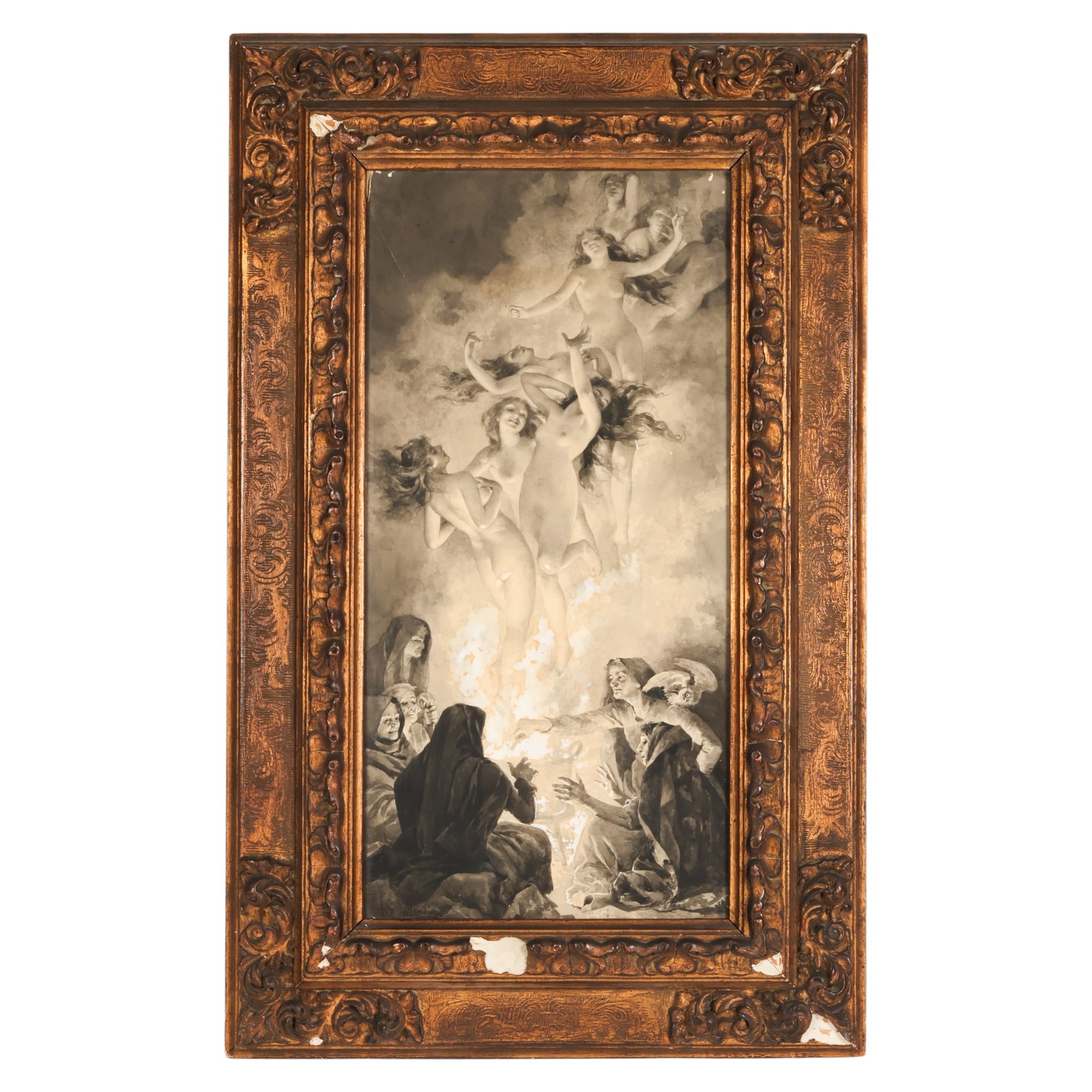 Garcia Mencia 1849 - 1920, Religious Painting: Antonio Garcia Mencia (Spanish, 1849-1920), allegorical figural watercolor on paper depicting nude female figures emerging from clouds above robed figures gathered around a fire. The composition prese