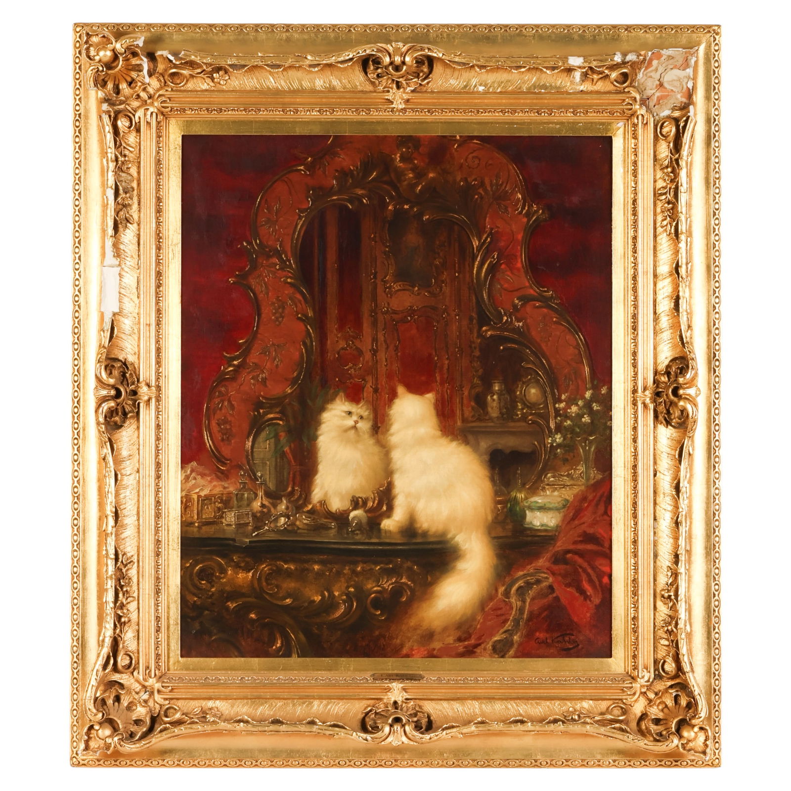 Carl Kahler 1855-1906 White Cat Portrait Painting: Carl Kahler (Austria, 1855-1906), an oil on canvas depicting an opulent 19th-century interior scene centered on two long-haired Persian-style white cats posed before an elaborate gilt mirror and surro