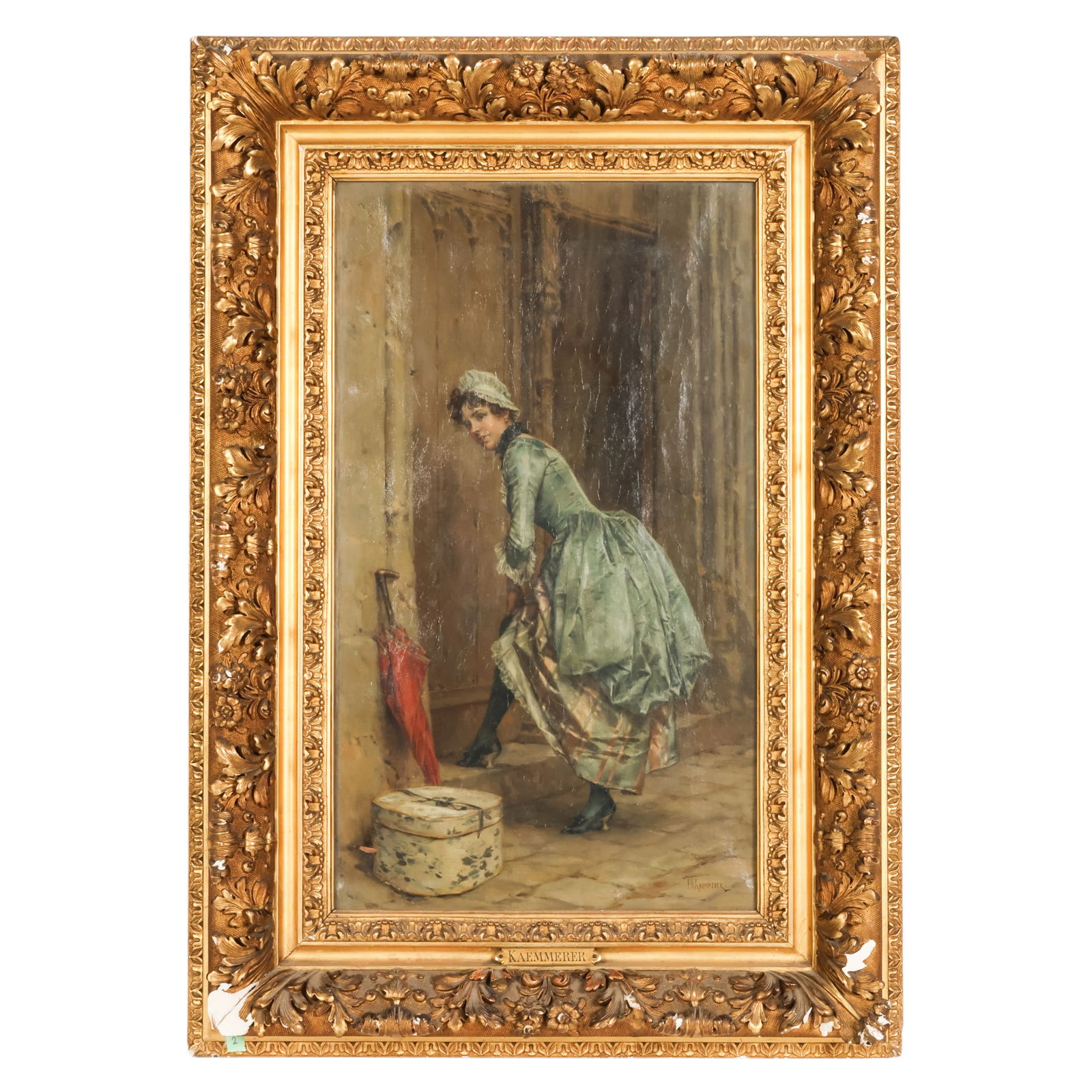 F H Kaemmerer 1839-1902 Woman Mid Pose Painting: Frederik Hendrik Kaemmerer (Dutch 1839-1902), an oil painting on canvas depicting a young woman in period dress within an interior setting. Signed lower right. Presented under glass in a period ornate
