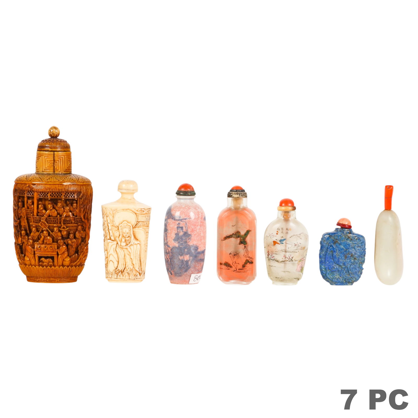 Chinese Collection of Snuff Bottles 7pc ESTATE LOT: Chinese snuff bottles, an estate collection of seven examples comprising two Peking glass bottles, two carved organic material bottles, one porcelain bottle decorated in a flow blue style bearing a