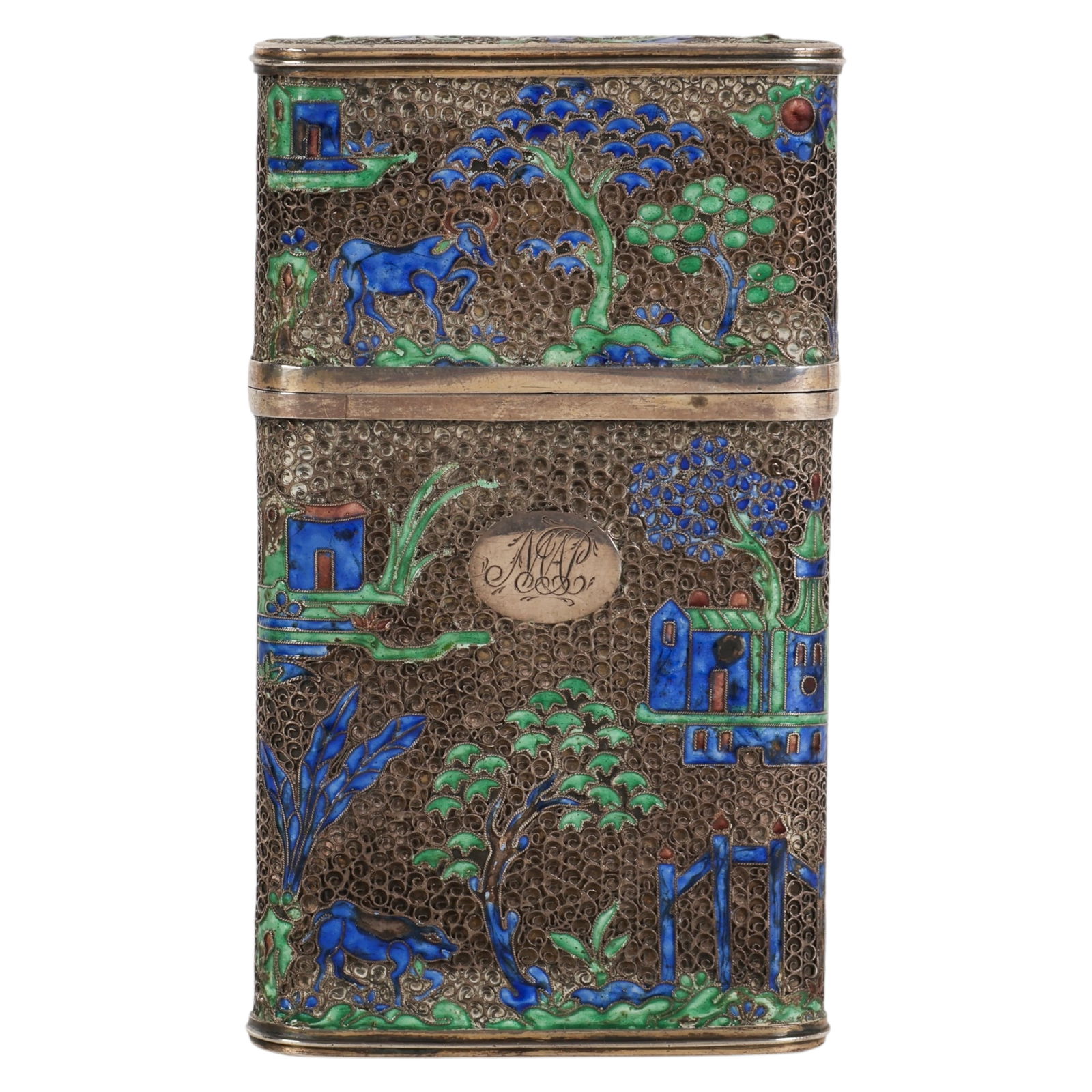 19C Bvlgari English Silver Chinoiserie Enamel Case: Bvlgari Roma, antique English silver covered case featuring intricate filigree work with blue and green enamel depicting Chinese inspired decoration including deer, trees, foliage, and landscape