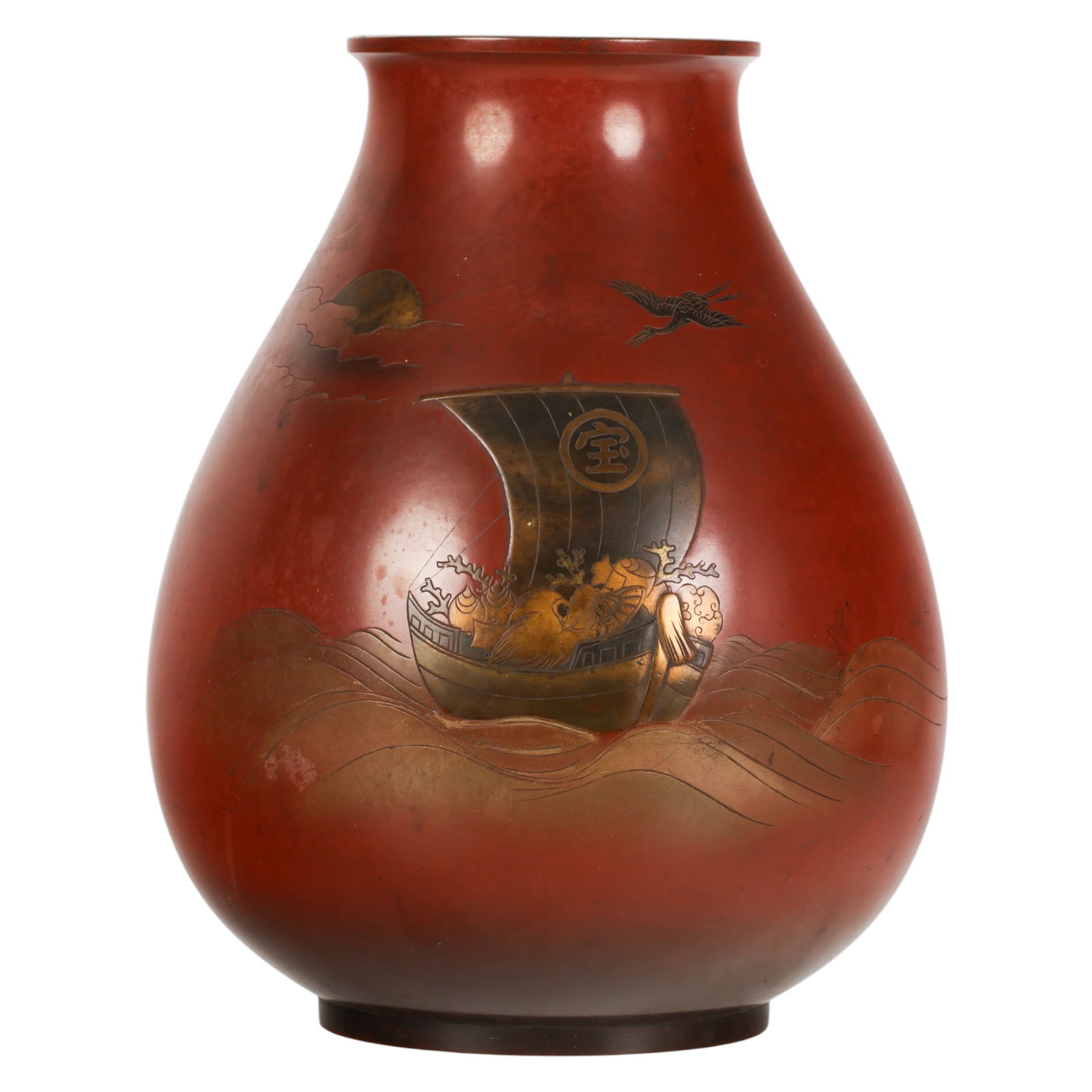 Japanese Meiji Bronze Takarabun Vase SIGNED: Japanese, Meiji period mixed metal inlaid bronze vase featuring a takarabune treasure ship motif with a family crest on the sail, surrounded by waves, rising sun, and cranes across the body. The vase