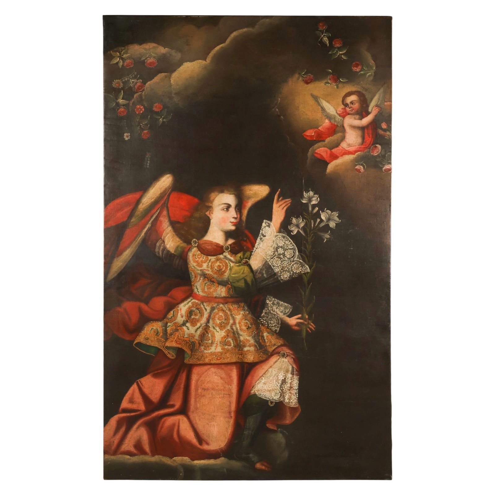 18C Peruvian Cusco Archangel Gabriel Oil Painting: Peruvian Cusco School oil on canvas depicting the Archangel Gabriel holding a lily flower and gesturing upward toward a cherub within a cloud formation. Unframed and mounted on a wood stretcher. No ap