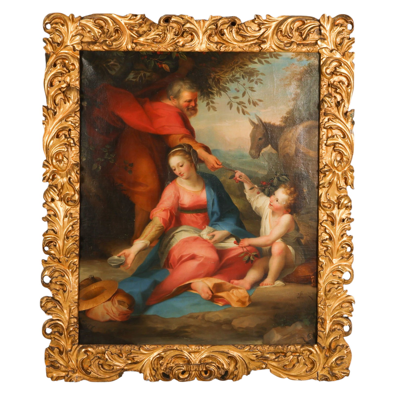 Old Master Manner of Federico Barocci Holy Family: Old Master 17th century, in the manner of Federico Barocci (c.1535-1612), oil on canvas depicting the Holy Family with Mary, Joseph, and the Christ Child within a landscape with a mule in the backgrou