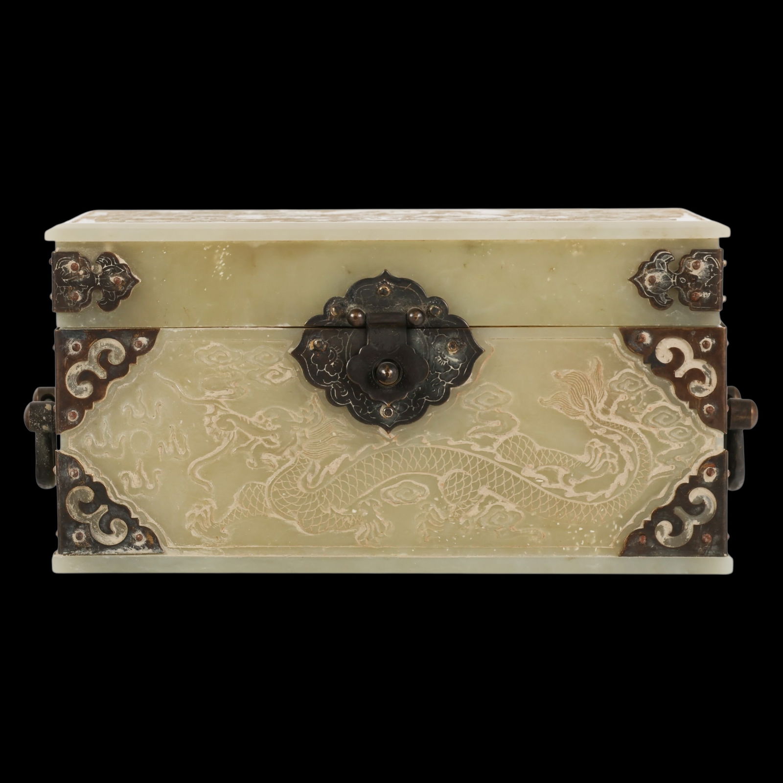 Chinese Antique Carved Jade Dragon Box SIGNED: Chinese Imperial carved jade rectangular hinged box decorated in low relief with a five toed dragon among scrolling clouds across the lid and sides. The box is fitted with bronzed metal corner mounts,