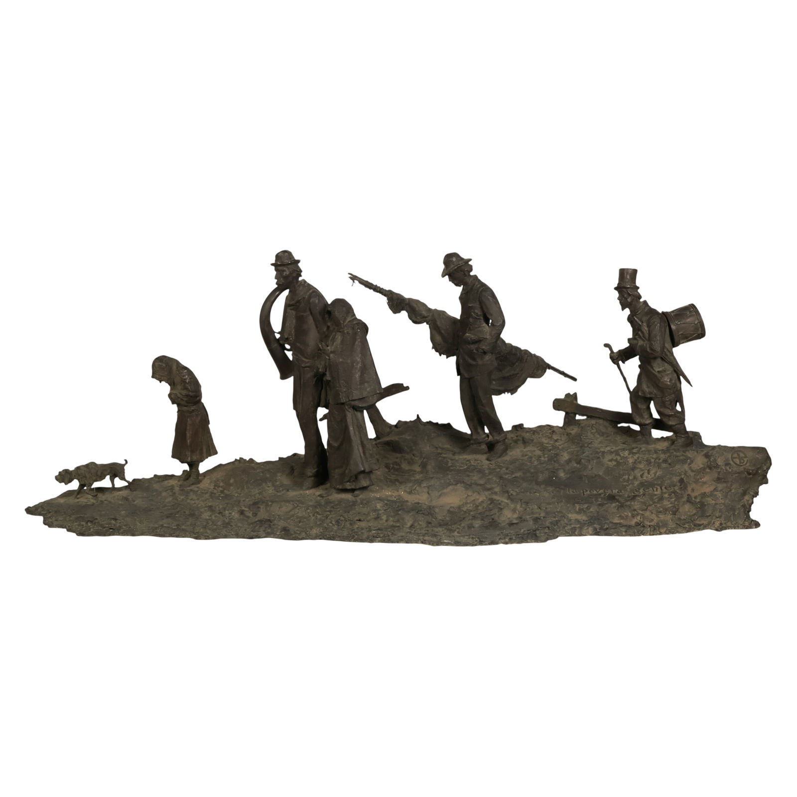Teofilo Barba 1848-1917 Figural Bronze Sculpture: Teofilo Barba (Italian, 1848-1917), La Povera Gente, bronze figural group depicting a Social Realist rural scene with multiple figures, including laborers and a child, walking across a textured ground