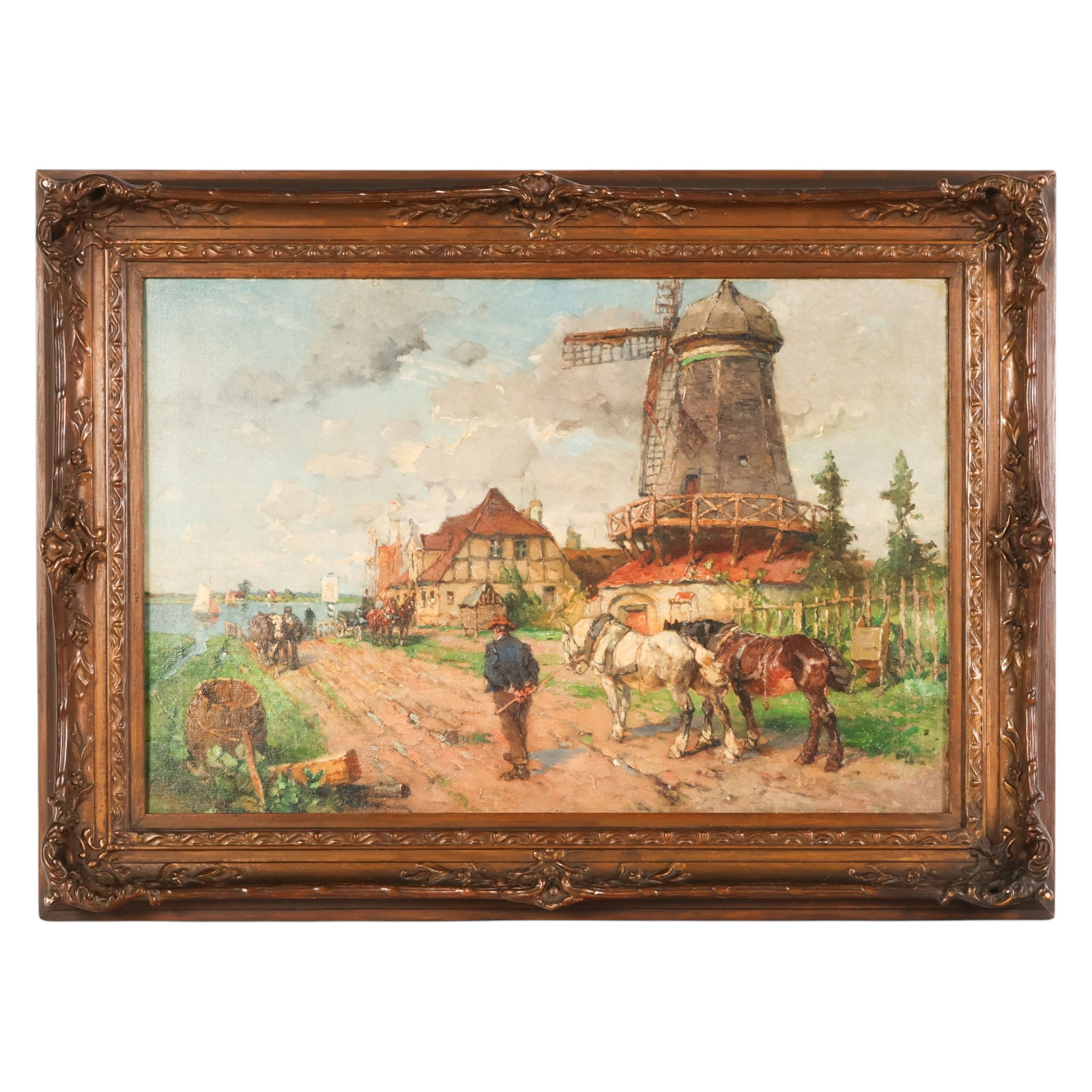 Antique Dutch Village Windmill Landscape Painting: Antique oil on canvas depicting a Dutch style landscape with a central windmill, fencing and trees at right, and a road and shoreline at left with distant sailboats. Figures and livestock appear along