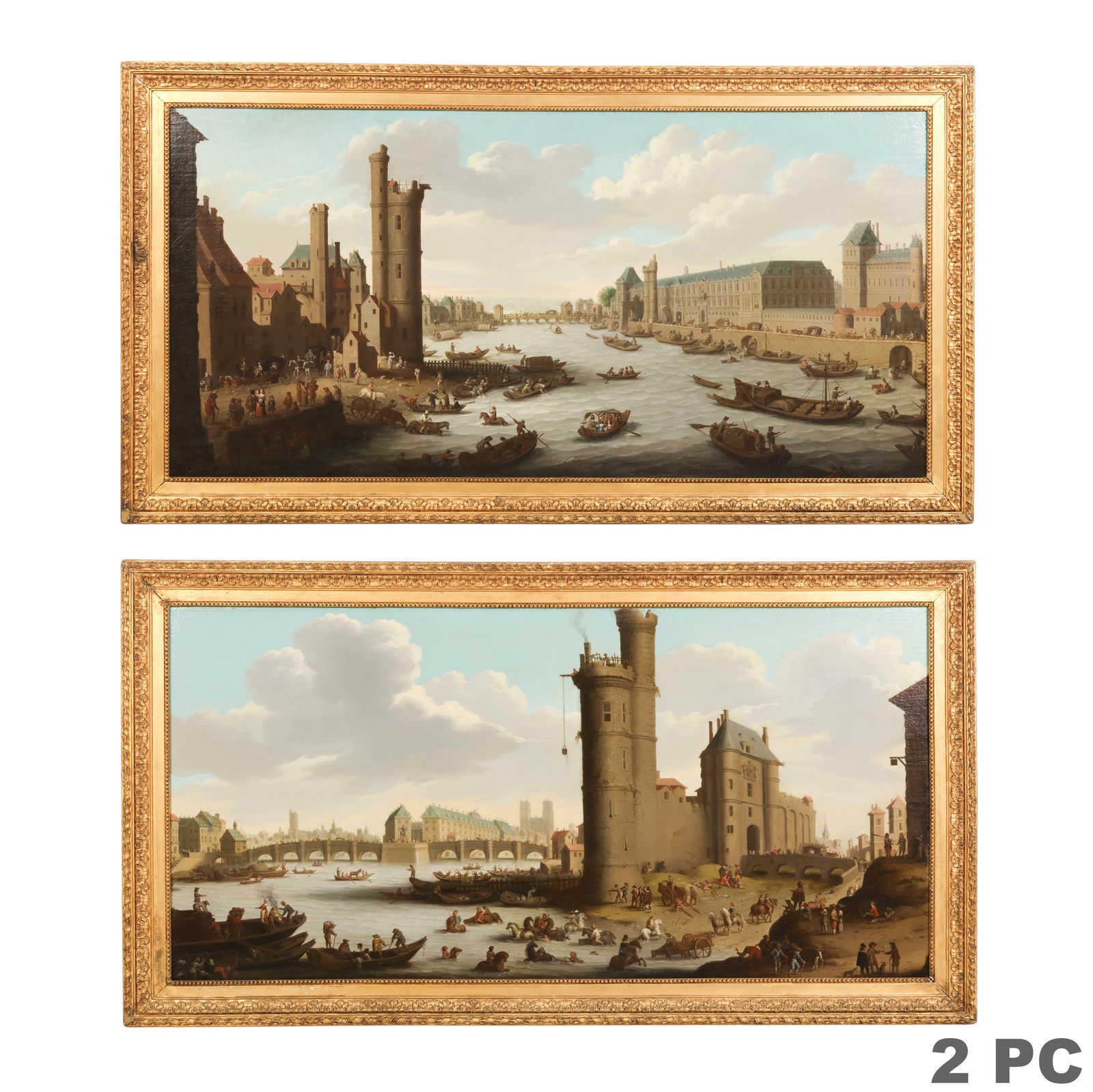 Flemish 17C Pair of Parisian Rive Scnen Paintings: Flemish School, a pair of 17th century oil on canvas river landscapes depicting architectural views of Paris with figures, bridges, towers, and boats animated along the waterways. The compositions pre