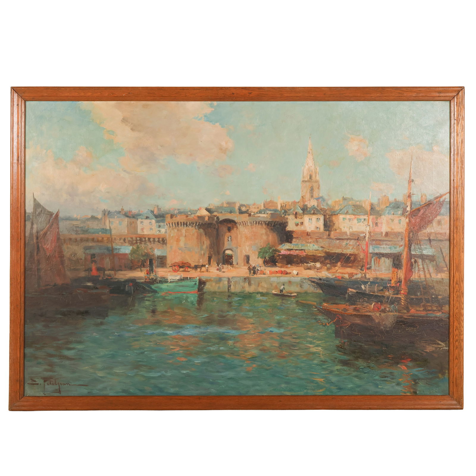 Edmond M Petitjean 1844-1925 Harbor Scene Painting: Edmond Marie Petitjean (French, 1844-1925), an oil on canvas harbor scene depicting boats moored along a waterfront before a fortified wall, tower, and clustered town buildings set beneath a blue sky