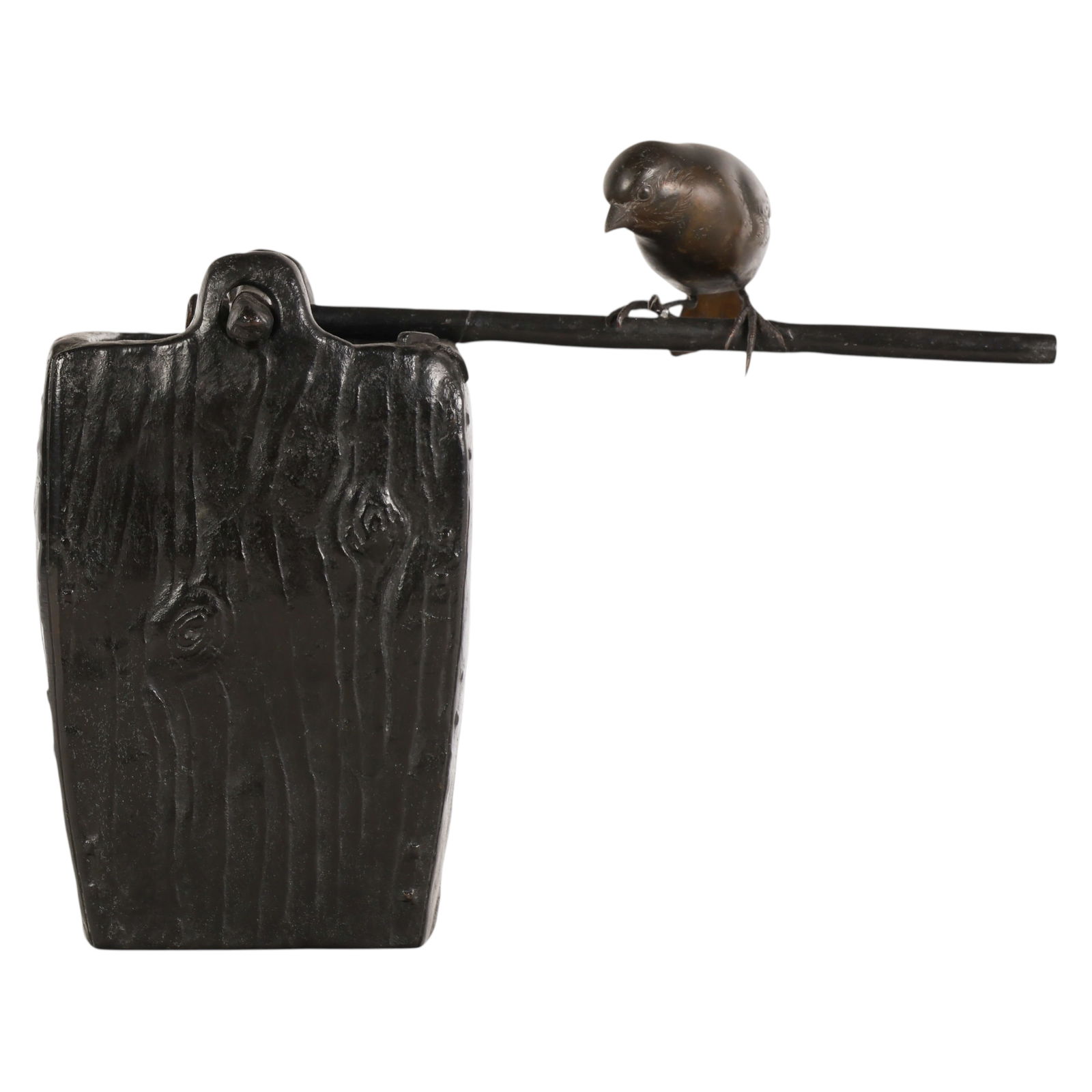 Japanese Bronze Bucket Vessel with Bird SIGNED: Japanese Meiji style bronze, an antique cast vessel modeled as a wooden bucket with simulated wood grain surface and looped handle design, featuring a bird perched on a cylindrical rod extending acros