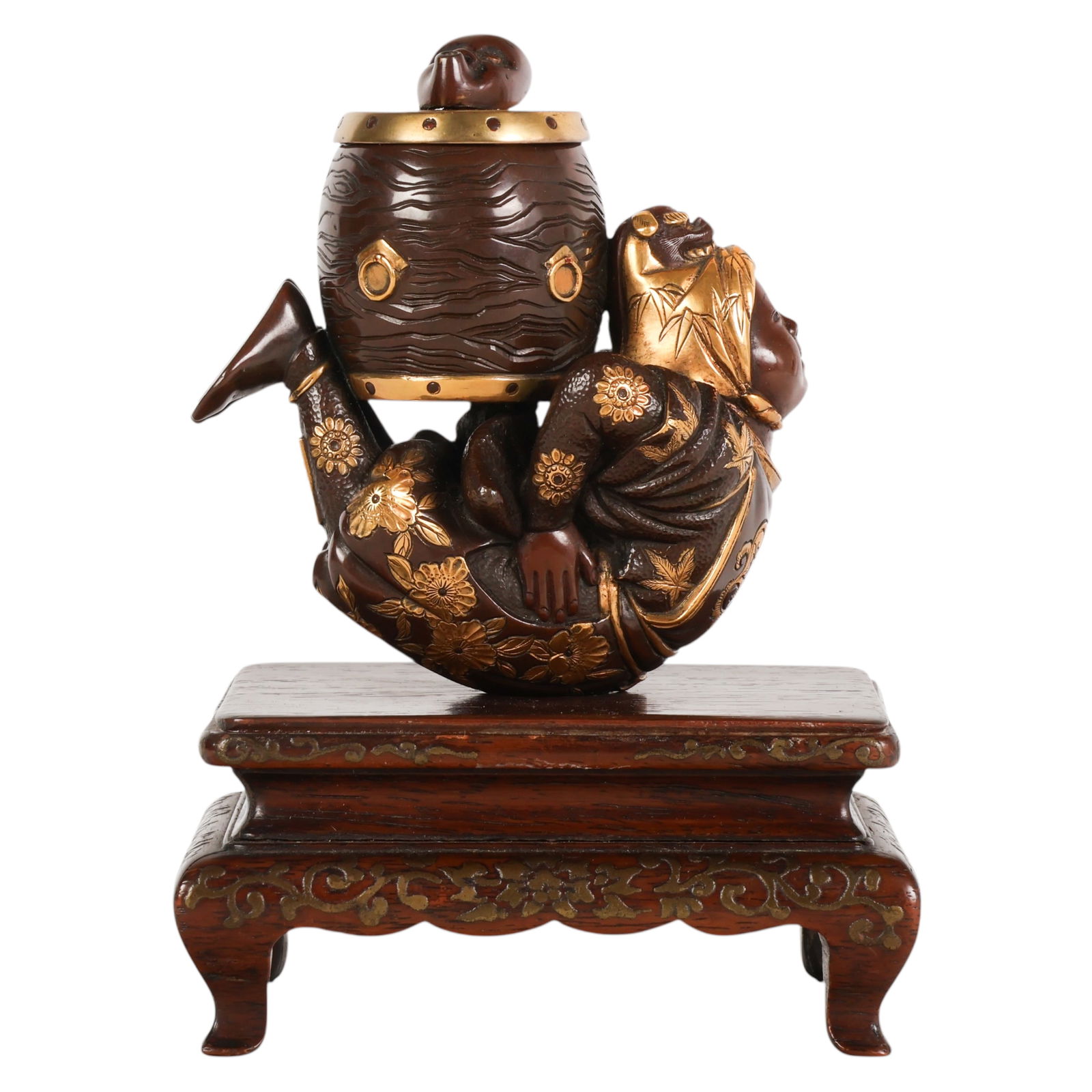 Japanese Miyao Bronze Okimono Censer Sculpture: Japanese signed Meiji period bronze okimono censer modeled as a recumbent figure posed on its belly supporting a barrel form vessel on its back. The vessel has a removable lid surmounted by a head