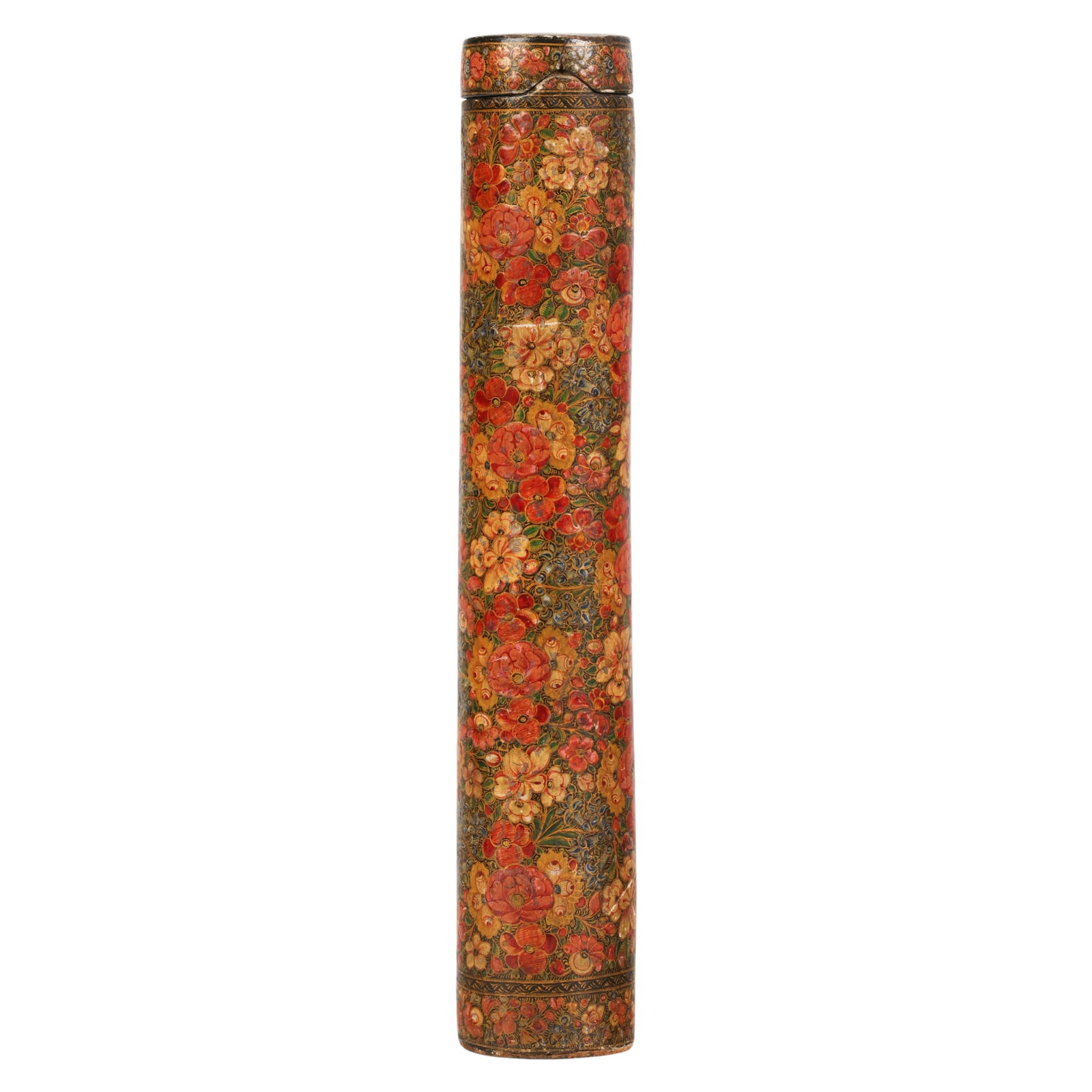 Antique Persian Paper Mache Qalamda Pen Holder: Persian 18th Century, a traditional Qalamdan cylindrical pen holder crafted from papier mache and richly decorated with hand painted floral motifs in vibrant red, yellow, green, blue, and gold tones