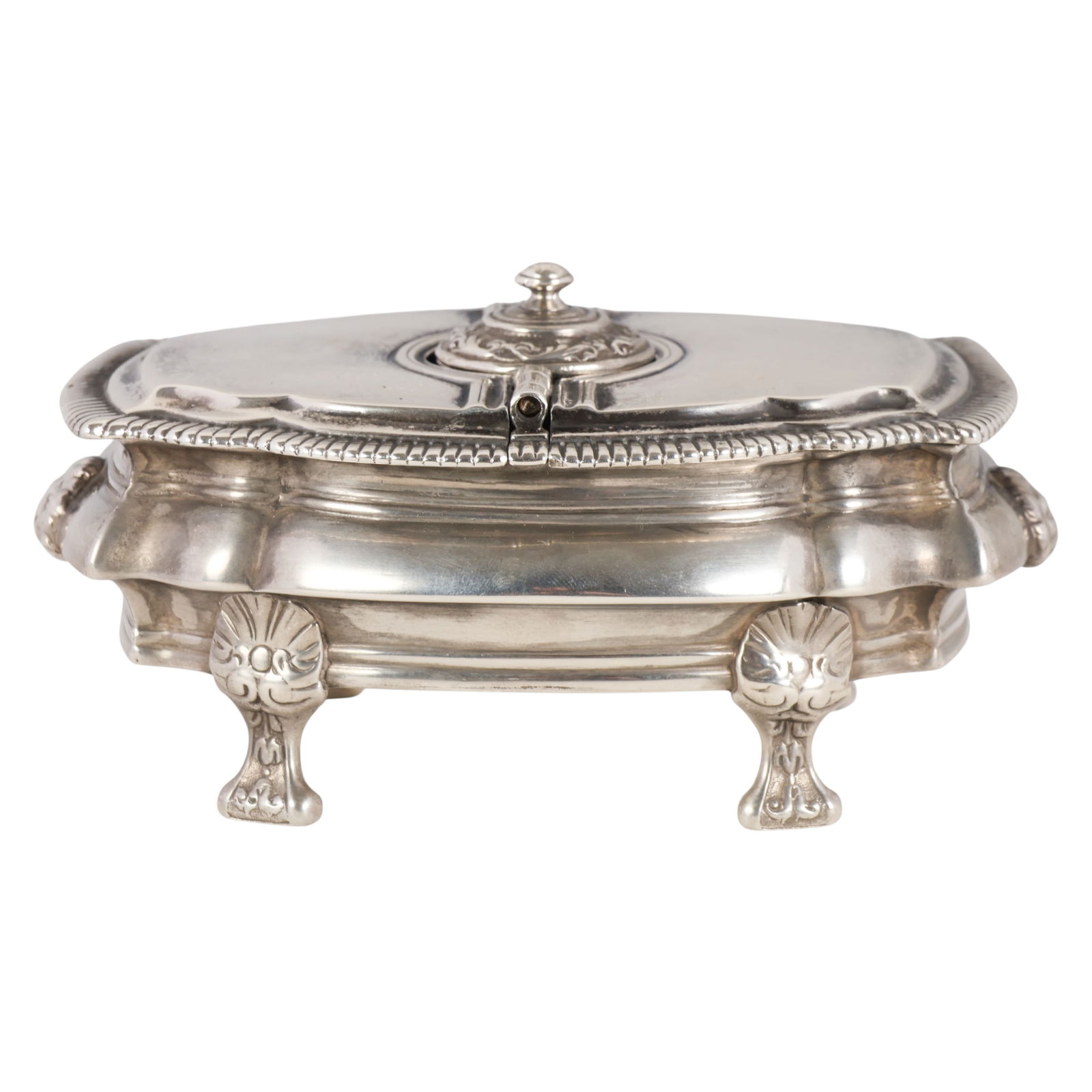 Antique 900 Silver Footed Double Salt Cellar 455g.: French 18th Century antique 900 silver footed double master salt cellar featuring hinged double lid compartments and a detachable grater mounted at the center, the rectangular body divided into two
