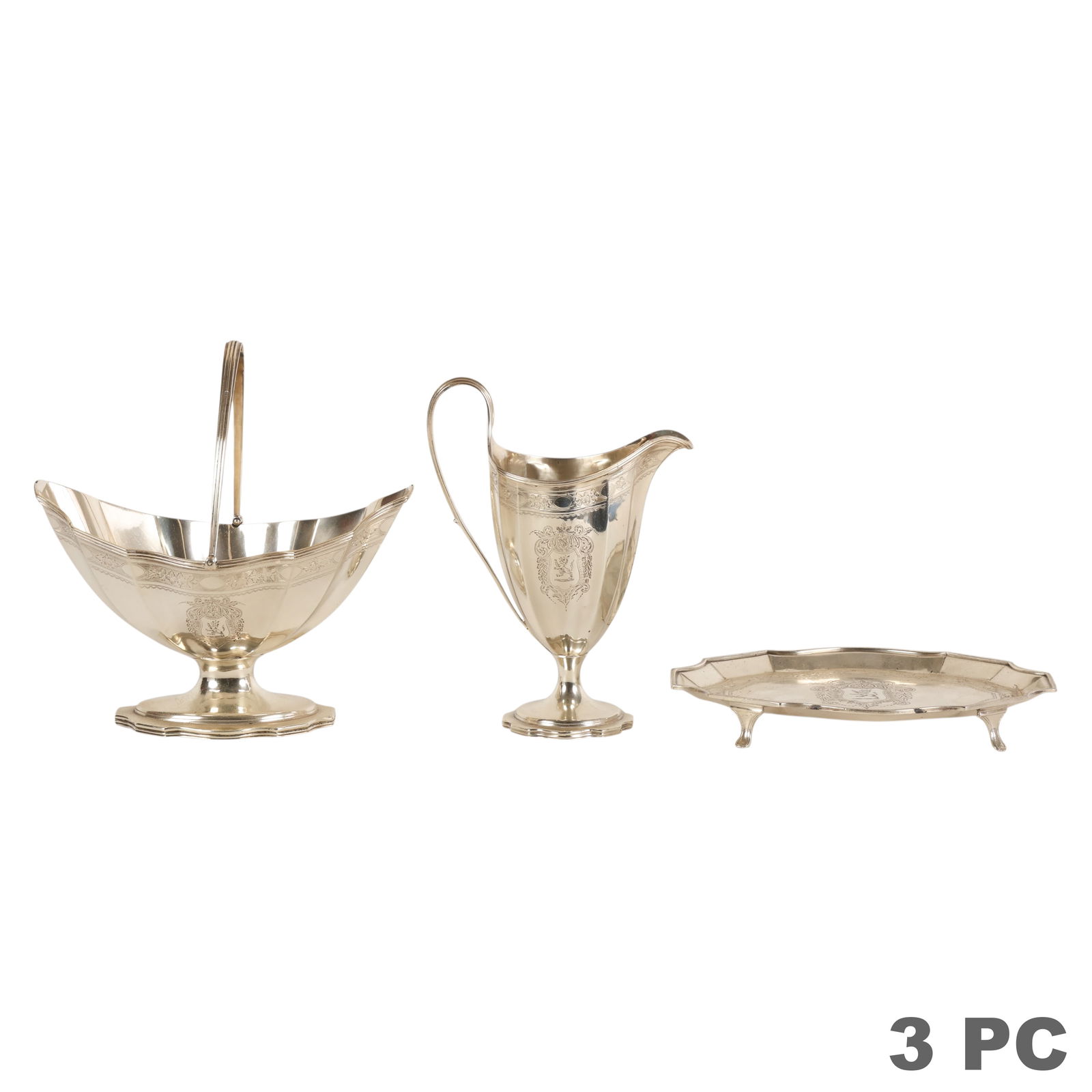 Antique English Silver Basket Pitcher & Tray 530g.: London 19th Century, a set of three sterling silver items comprising a hinged handled basket, a helmet form cream pitcher, and a shaped salver card tray. Each piece is hallmarked with the standard