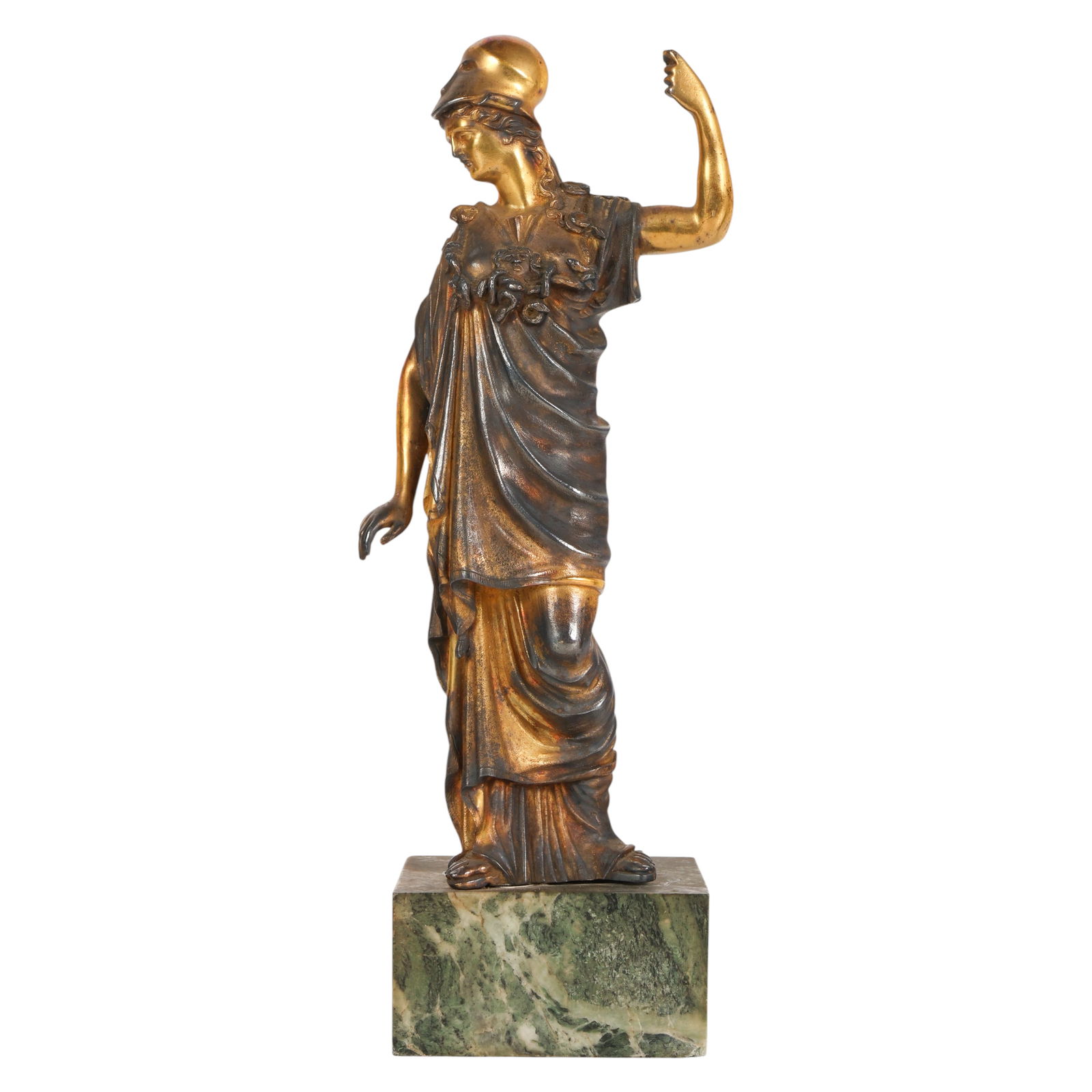 Neoclassical 800 Gilt Silver Athena Figure 880g: Neoclassical 800 silver gilt, a figural sculpture depicting Athena the Greek goddess of wisdom and war standing in contrapposto pose with one arm raised and the other lowered, wearing a plumed
