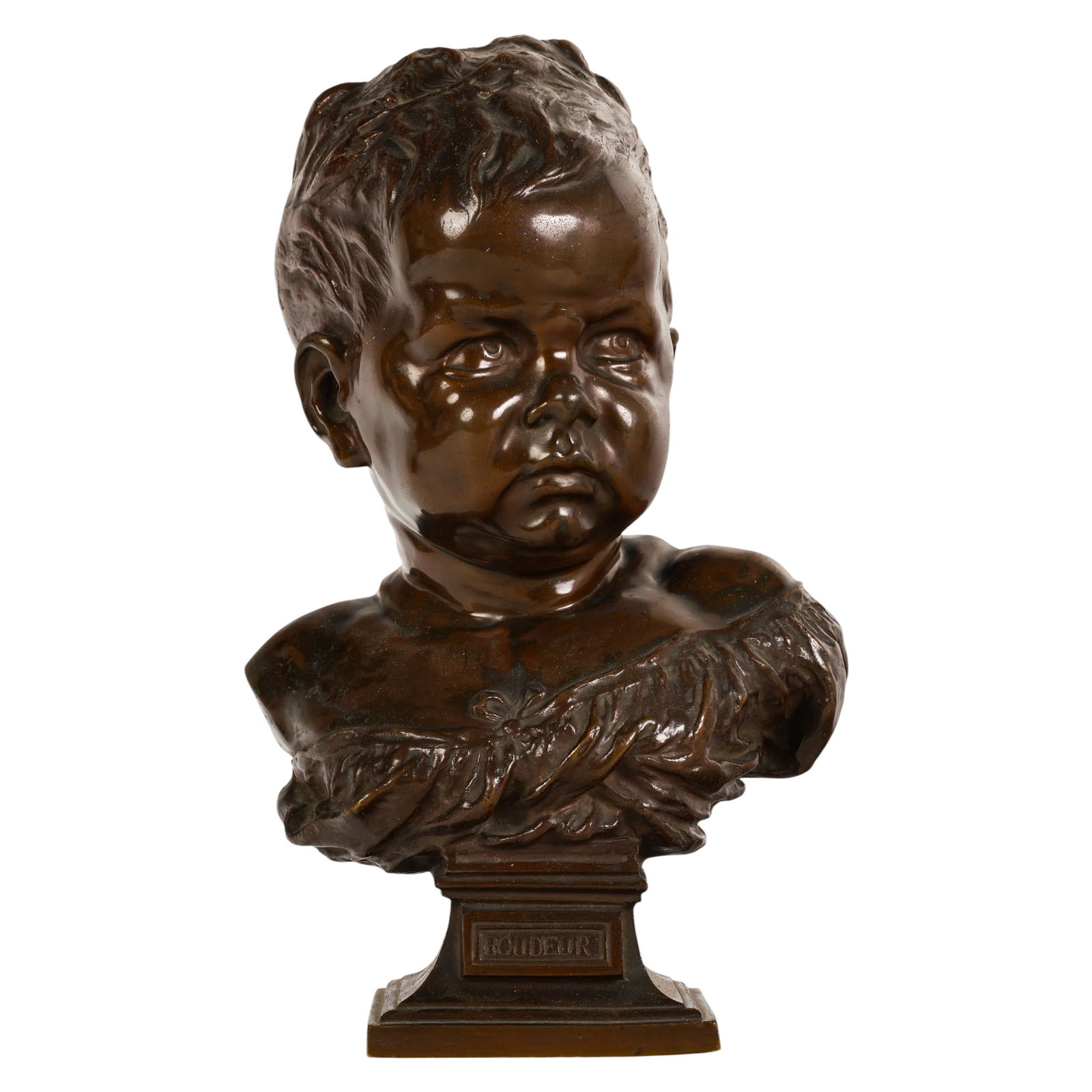 Jean-Baptiste Carpeaux 1827-1875 Bronze Child Bust: Jean-Baptiste Carpeaux (French, 1827-1875), Le Boudeur Sulky Child, a bronze sculpture depicting a young child captured in a moment of expressive contemplation. The figure is modeled with remarkable