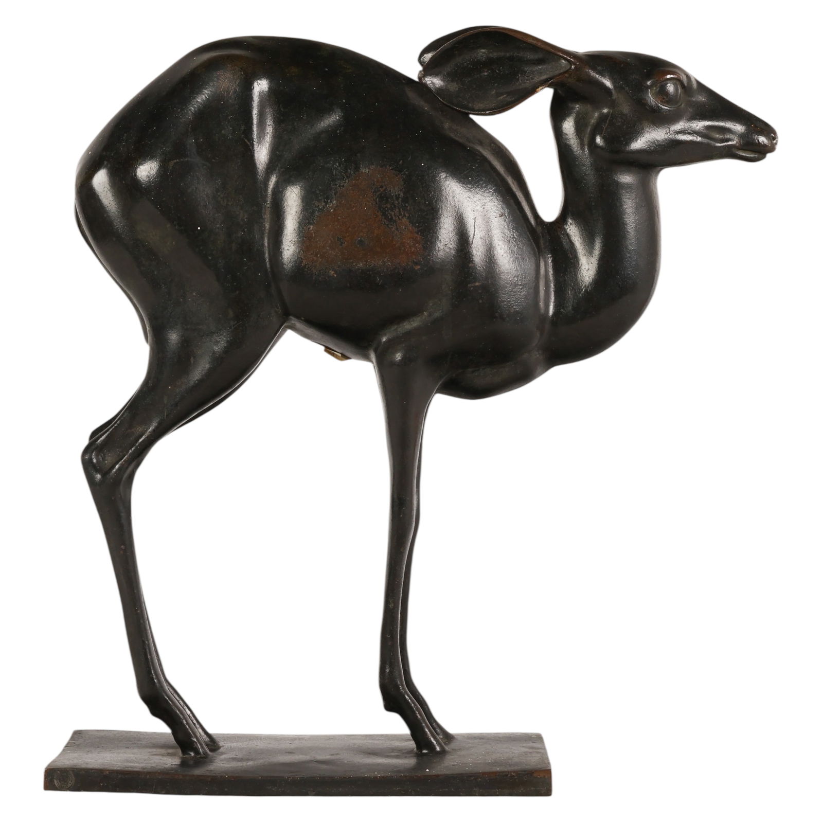 Christa W Hatvany 1888-1944 Bronze Faun Sculpture: Christa Winsloe Hatvany (German 1888-1944), a cast bronze sculpture of an antelope faun presented on a rectangular base. The figure is modeled with elongated legs, a curved neck, and defined body