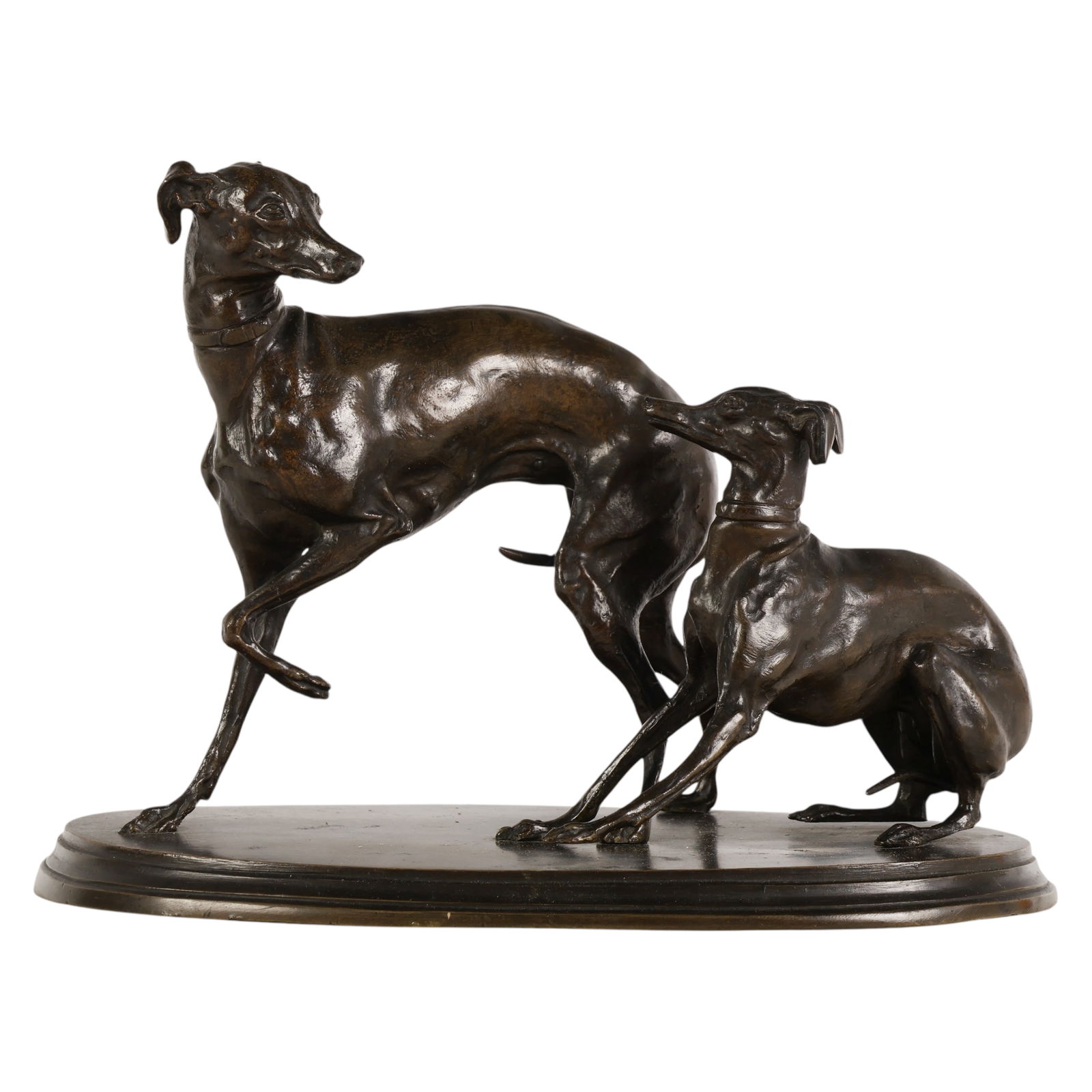 Bronze Whippet Mother and her Puppy Dog Sculptures: In the manner of P. J. Mene (Pierre Jules Mene) (French 1810-1879), a bronze sculpture depicting two Whippet or Italian Greyhound type dogs modeled in naturalistic detail. The composition is set on