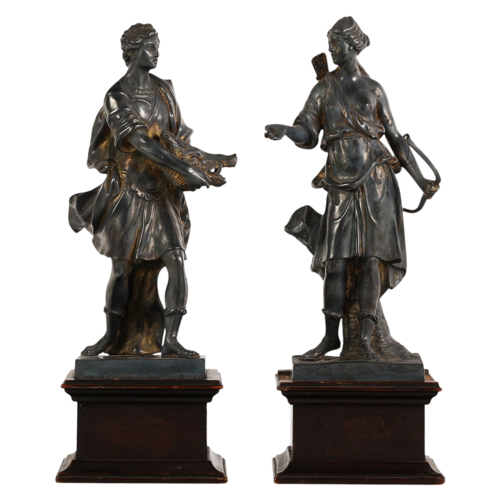 Neoclassical Pair 17th Century Bronze Figures: Neoclassical Pair 17th Century Bronze Figures, an antique pair of mythological figural sculptures depicting a classical male and female hunter likely representing Diana Artemis and a male figure of