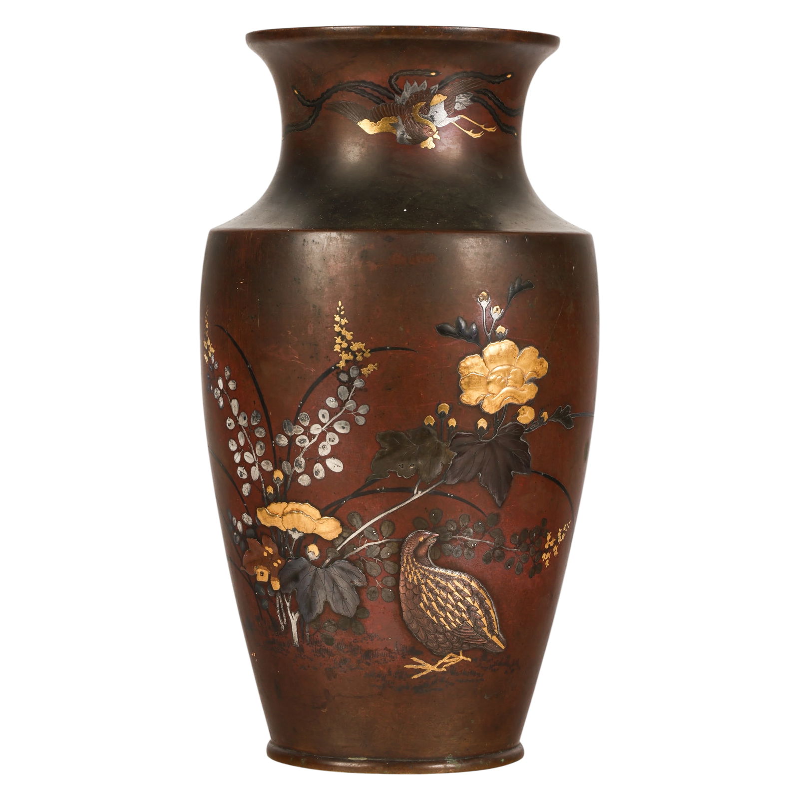 Antique Meiji Bronze Vase with Silver Zogan Inlay (1 of 6)