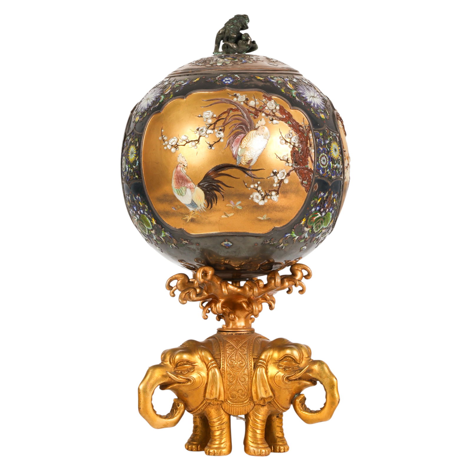 Japanese Shibayama Bronze & Silver Cloisonne Koro: Japanese Shibayama Bronze and Silver Vase covered koro of globular form. The silver body is decorated with cloisonne enamel floral motifs and three gold lacquer cartouches with inlaid decoration depic