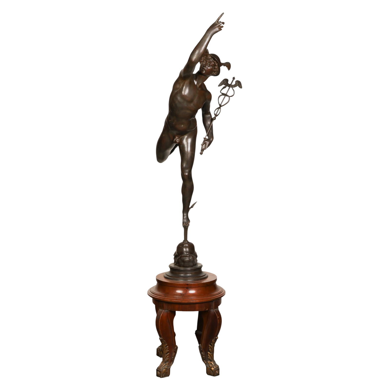 Bronze Flying Mercury Sculpture after Giambologna: 19th century bronze sculpture titled Flying Mercury modeled after the Renaissance original by Giambologna. The figure stands on one foot atop a sphere with one arm extended upward and holding a caduce