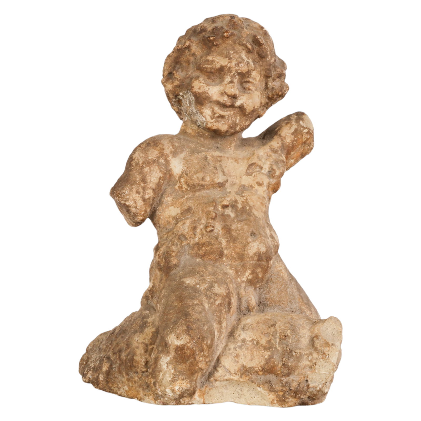Roman Ancient Stone Putti Fragment of Smiling Boy: Carved Roman stone sculpture probably 2nd Century, an antique figural fragment depicting a putti type child originally shown riding an object now absent, with both arms missing, the figure rendered wi