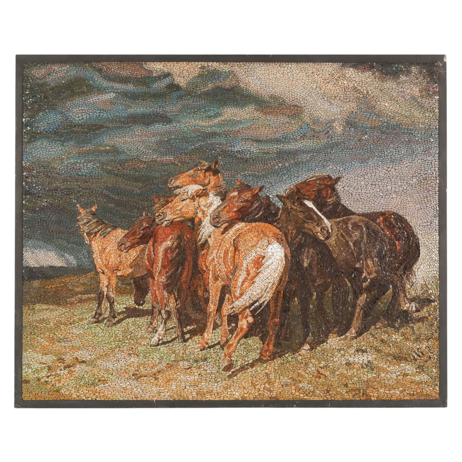 Italian Large 19th Century Micro Mosaic Plaque: Italian, a mosaic plaque mounted on a granite panel depicting a dynamic group of horses amid a storm set within a stylized landscape background. The composition is executed with tightly set tesserae i