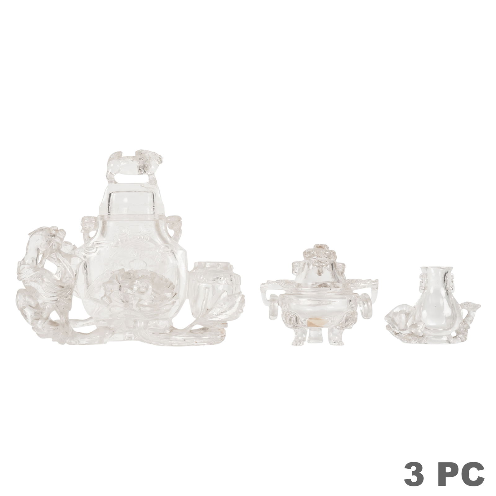 Chinese Carved Rock Crystal Censers & Vase 3pc LOT: Chinese rock crystal, a lot of three carved natural crystal works comprising a lidded censer surmounted by a rectangular foo dog or dragon form finial, the body decorated in low relief with stylized s