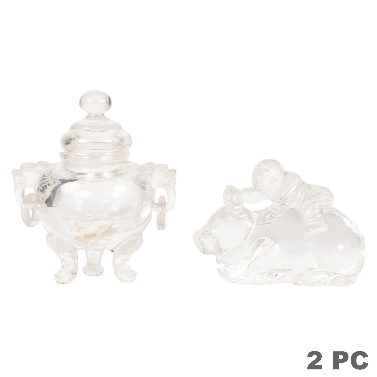 Chinese Rock Crystal Censer & Oxen Figure 2pc LOT: Chinese rock crystal, a lot of two carved natural crystal works comprising a censer with domed lid raised on three claw form feet, the rounded body featuring opposing loop handles each suspending a lo