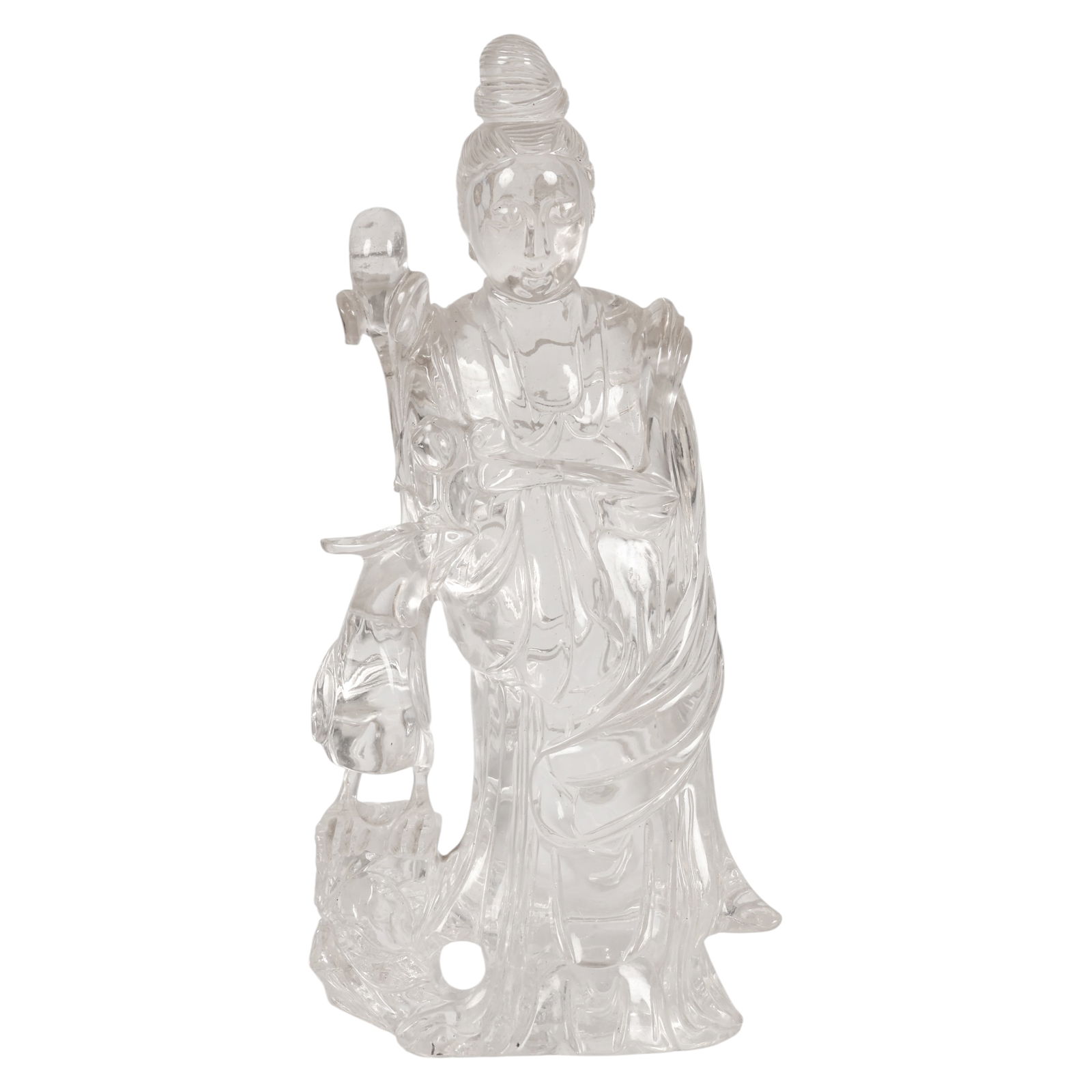 Chinese Rock Crystal Guanyin with Ruyi Sculpture: Chinese rock crystal, a carved natural crystal figure depicting Guanyin standing in layered flowing robes and holding a ruyi scepter in one hand, with a bird positioned at her side, the serene express
