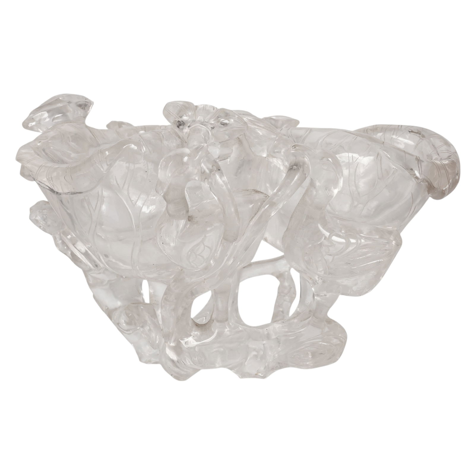 Chinese Rock Crystal Lotus Flower Brush Washer: Chinese rock crystal, a carved natural crystal brush washer of twin lobed form, each bowl encircled by lotus leaves, seed pods, and curling stems rendered in high relief, the composition symbolizing p