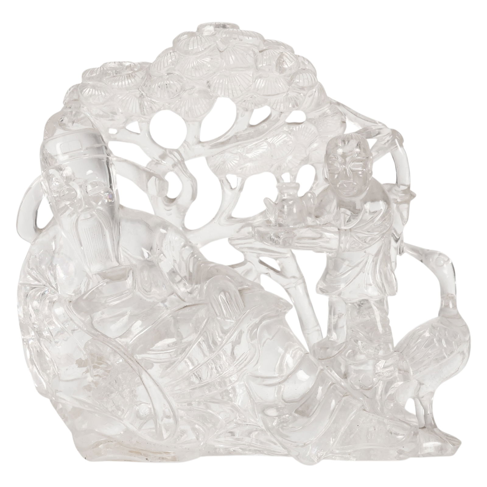 Chinese Rock Crystal Tree with Figures Sculpture: Chinese rock crystal, a carved natural crystal figural group depicting a seated elder with long flowing beard accompanied by a standing attendant, both figures holding vessels and positioned beneath a
