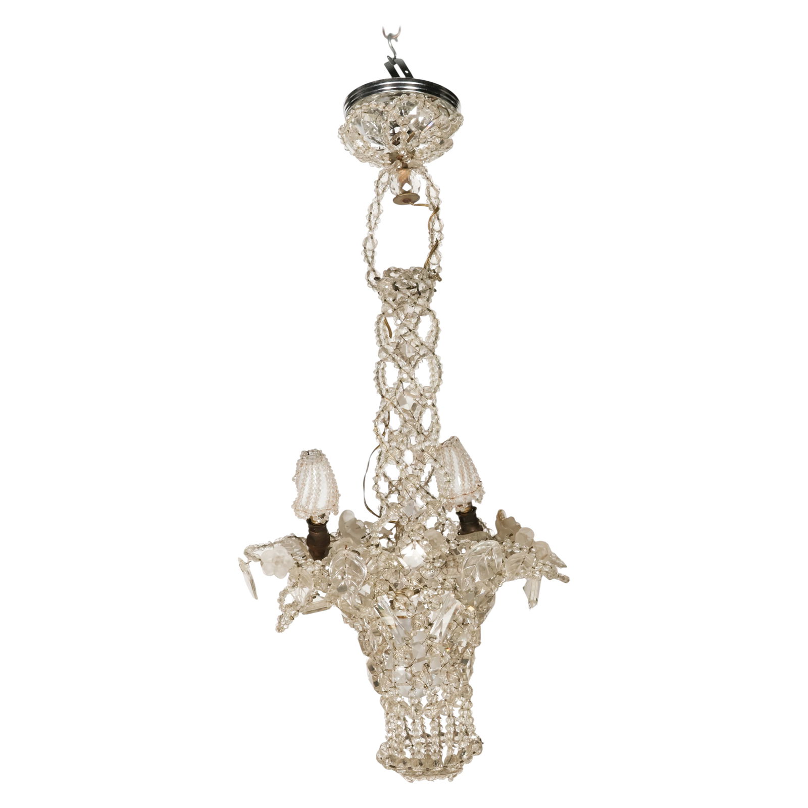 Three Light Crystal Basket Form Pendant Chandelier: European, an antique three light crystal basket form pendant chandelier featuring a suspended bead chain terminating in a gracefully tapered basket form body. The fixture is mounted with faceted clear