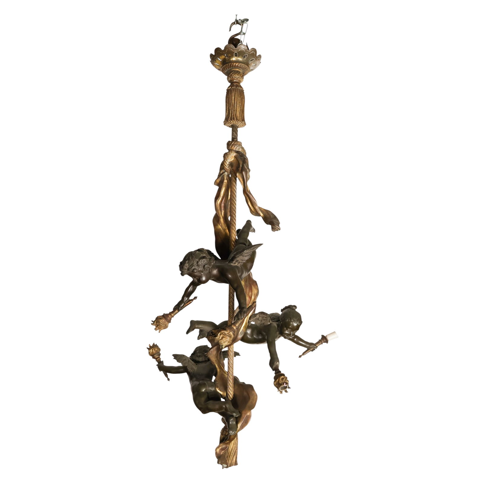 French Antique Bronze Figural Putti Chandelier: French, 19th century, a bronze figural chandelier featuring three winged putti arranged around a central twisted column terminating in tassel form elements, forming a dynamic and balanced sculptural c