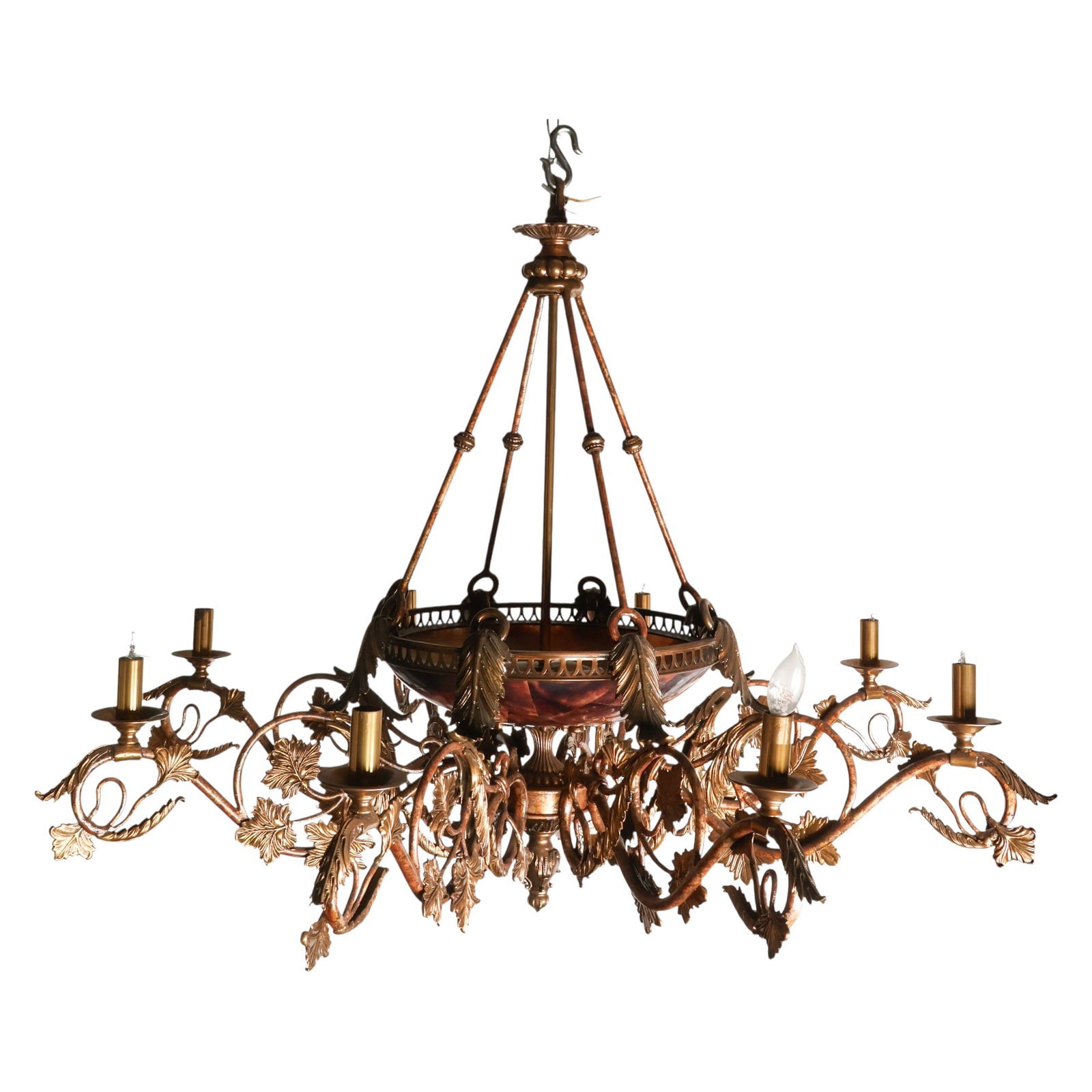 French Bronze Eight Light Chandelier with Shades (1 of 8)