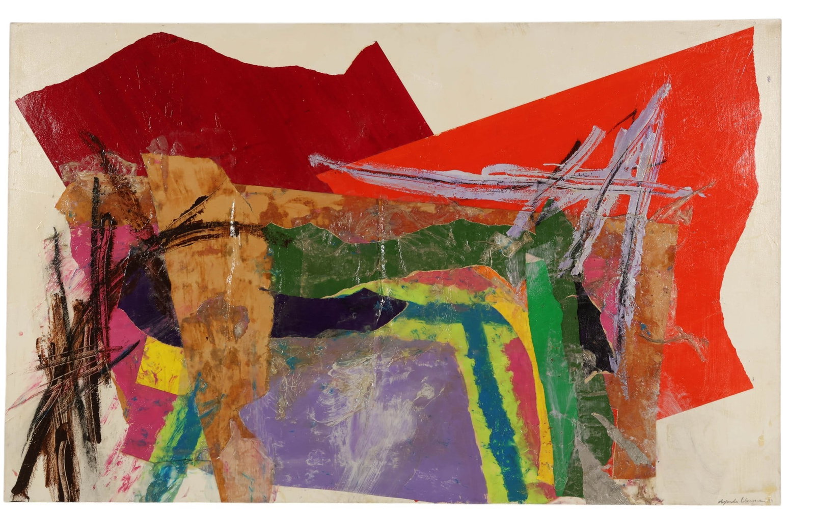 Alexander Liberman 1912-1999 Modernist Painting: Alexander Liberman (Russian/American, 1912-1999), "Vrata", abstract mixed media painting on canvas. The op-abstract Post-Impressionist composition features layered paint, collage elements, and gestura