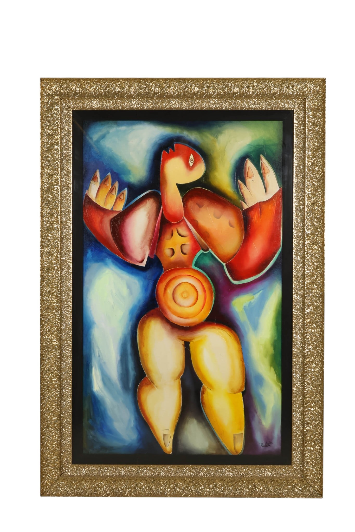 Alexandra Nechita b.1985 Unrequited Love Painting: Alexandra Nechita (Romanian-American, born 1985), Unrequited Love, 2012, acrylic on canvas painting depicting an abstract human figure composed of geometric forms with extended limbs and hands set aga