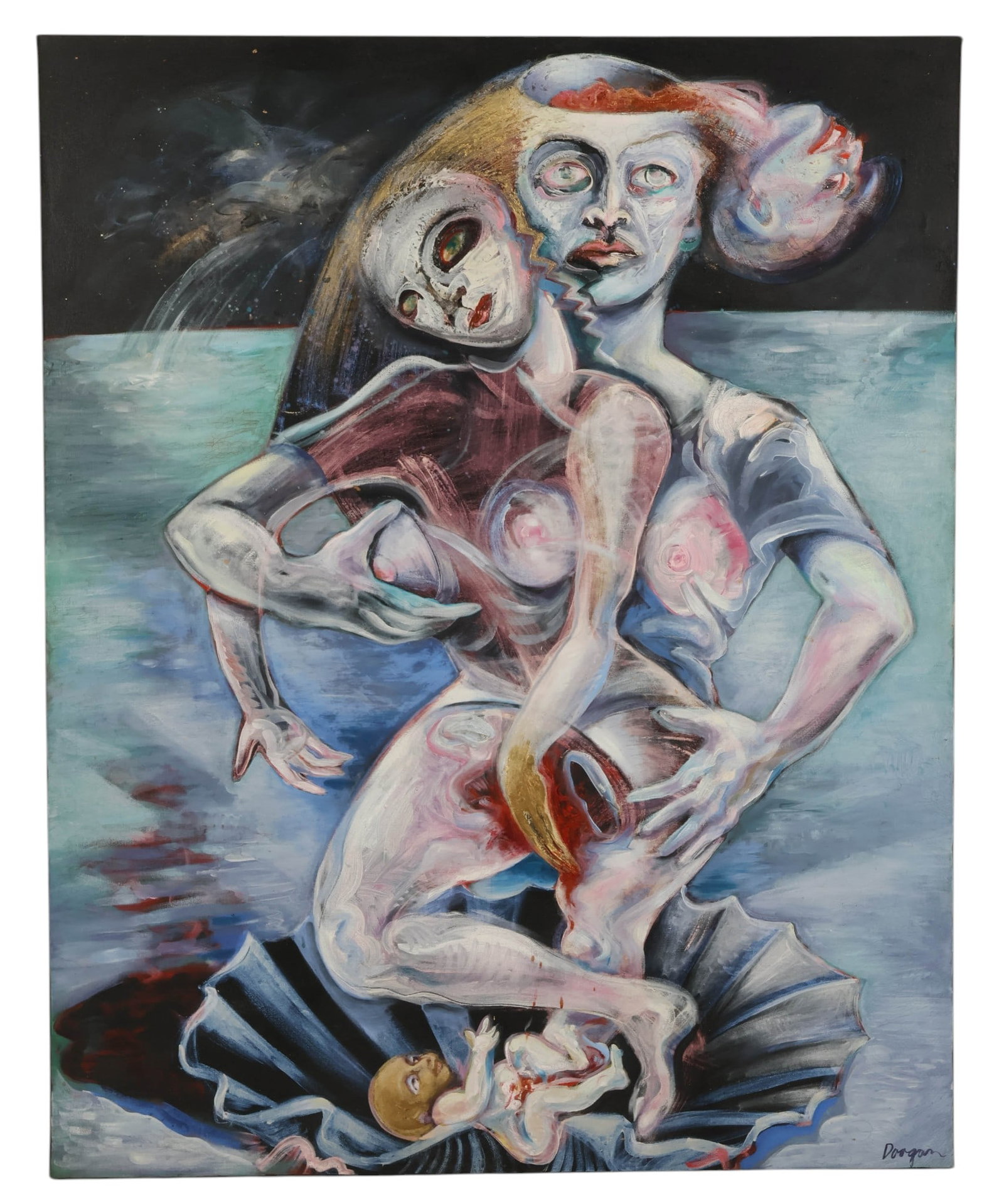 Margaret B. Doogan 1941-2022 Black Skull Painting: Margaret Bailey Doogan (American, 1941-2022), Black Skull, 1985, oil painting on canvas. The composition depicts a female figure holding a skeletal form, with a skull-like face and abstracted