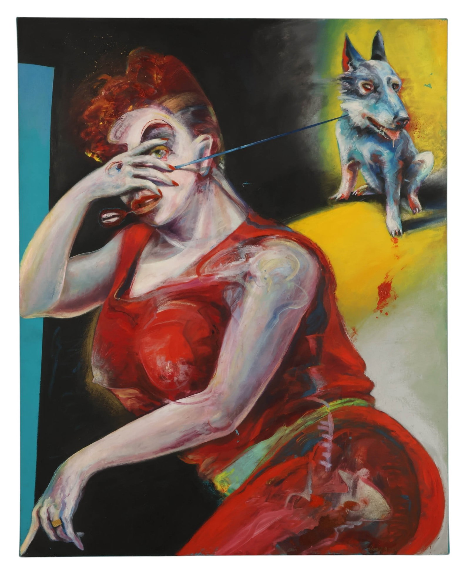 Margaret B Doogan 1941-2022 Blue Dog 1985 Painting: Margaret Bailey Doogan (American, 1941-2022), Blue Dog, 1985, oil on canvas. The abstract composition depicts a female figure in a red dress with exaggerated features, partially obscuring her face,