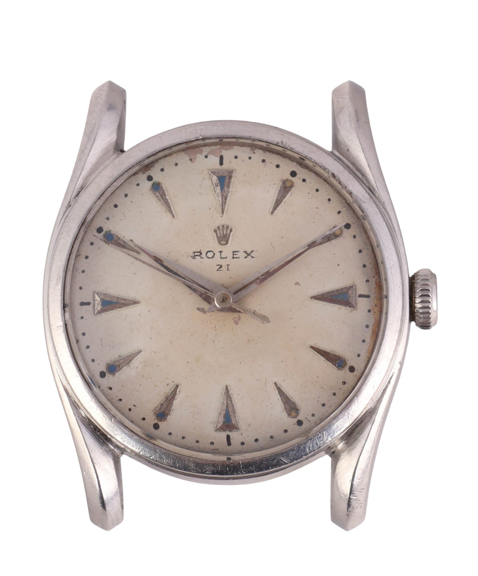Rolex Oyster Perpetual Bubble Back Ref. 5018 Watch: Rolex early Oyster Perpetual Bubble Back automatic wristwatch dating to circa 1948, reference number 5018. The watch features a signed white dial with applied triangular hour markers and gold-tone dau