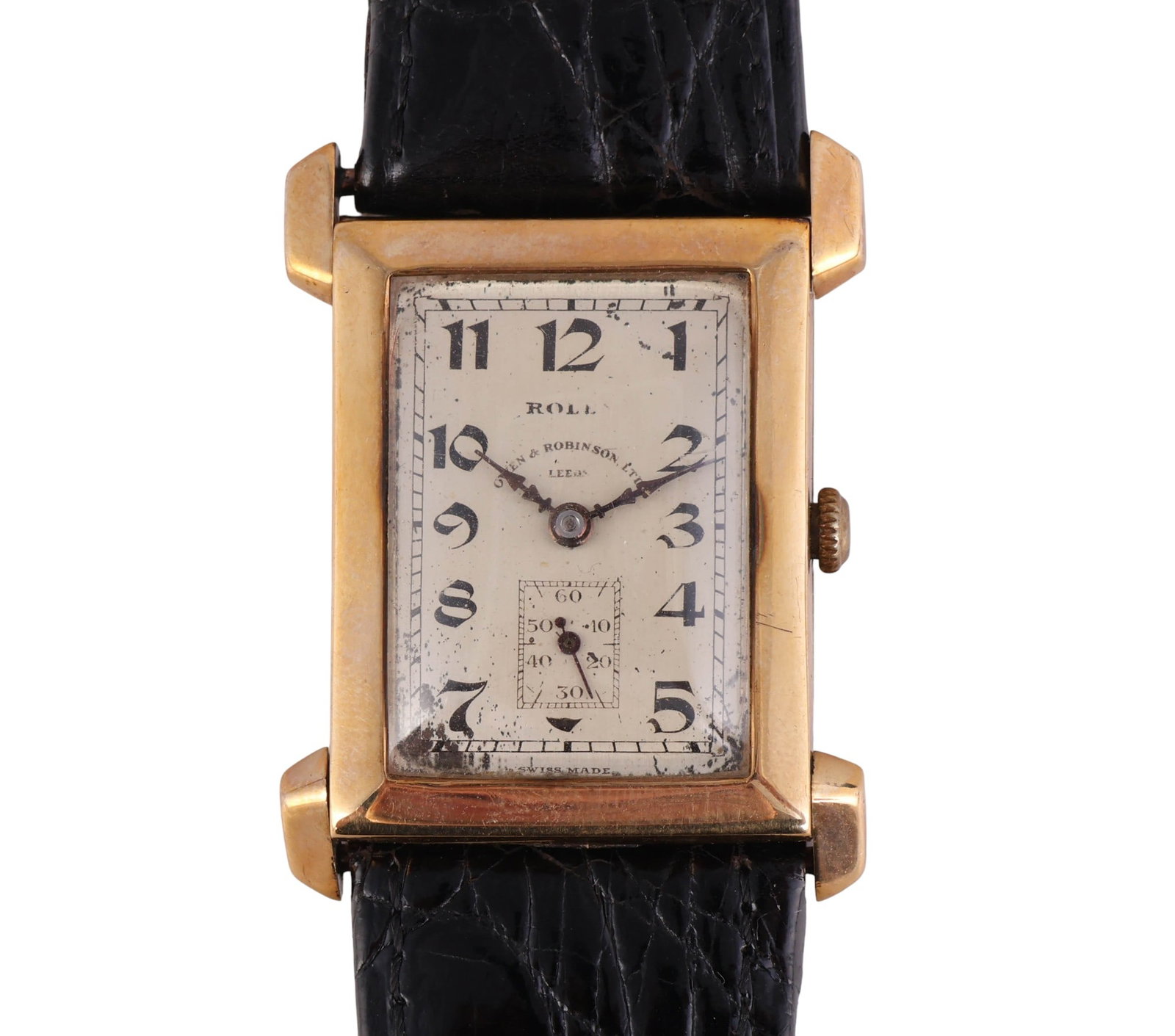 Rolex 9k Ref. 868 Mobile Lugs Rectangular Watch: Rolex vintage rectangular wristwatch in solid 9 karat yellow gold, reference number 868, serial number 48765. The watch features a classic silver-tone dial with stylized Arabic numerals and a sub-seco