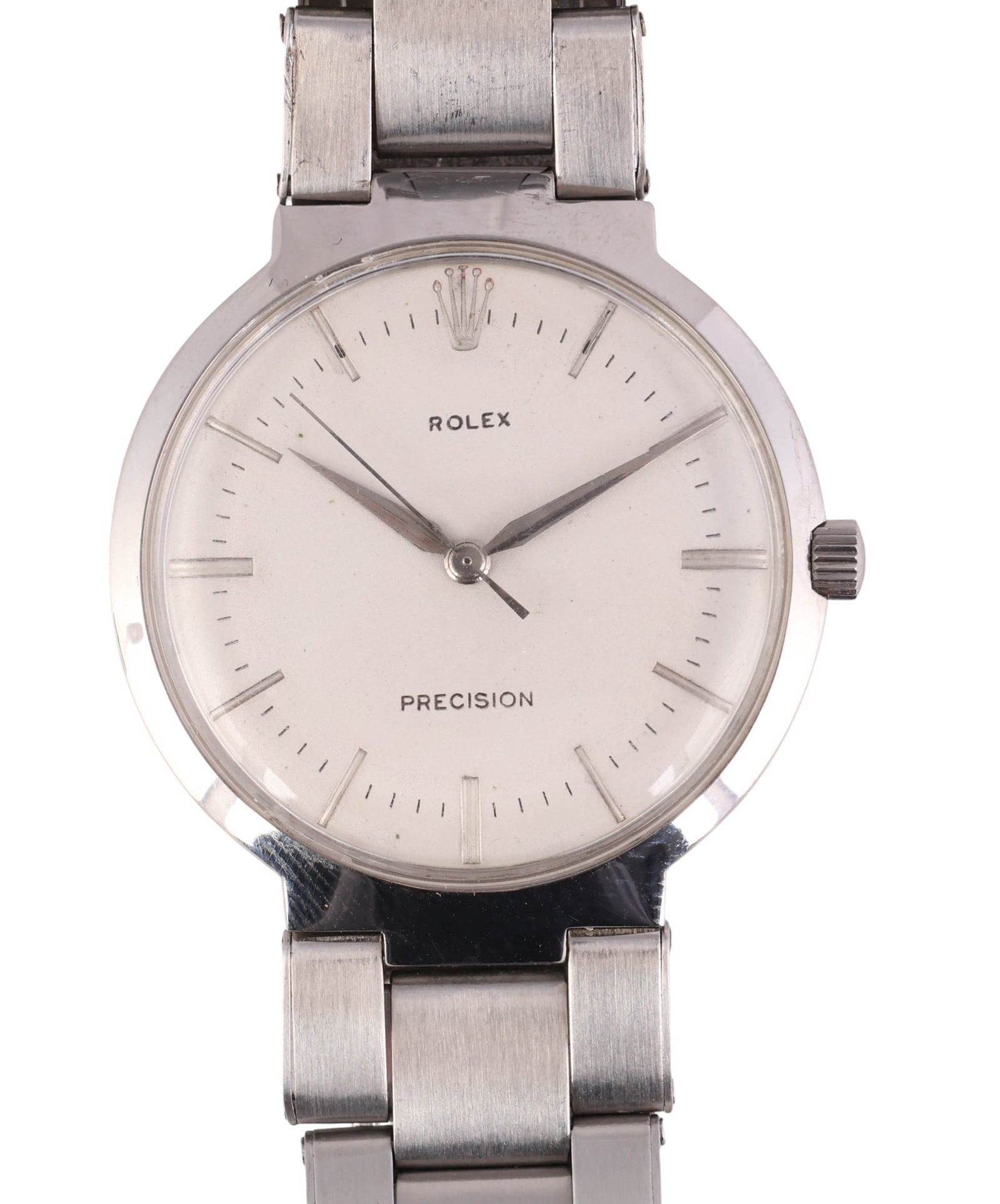 Rolex UFO Precision Riveted Steel Bracelet Watch: Rolex vintage Precision wristwatch featuring the distinctive "UFO" or flying saucer-style stainless steel case, measuring approximately 36mm in diameter (excluding crown). The minimalist white dial