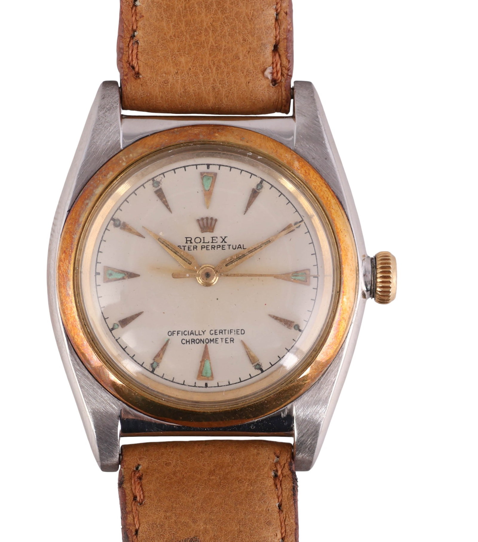 Rolex Ref. 3133 14k & Steel Bubble Back Wristwatch: Rolex Oyster Perpetual Bubble Back wristwatch, reference 3133, crafted in two tone stainless steel and 14k yellow gold. The silvered dial features gold triangular hour markers with green luminous acce