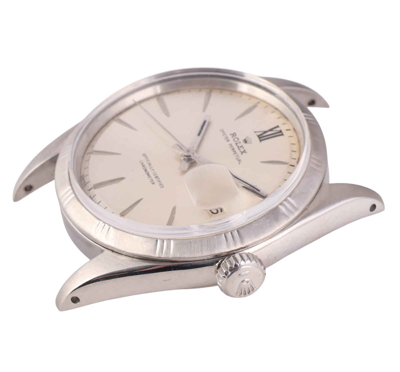 Rolex Ref. 1603 Bamboo Bezel Pie Pan Dial Watch: Rolex reference 1603 stainless steel Datejust automatic wristwatch featuring a silver pie pan dial with applied baton hour markers and a Roman numeral at 12 oclock. The dial is signed Rolex Oyster Per