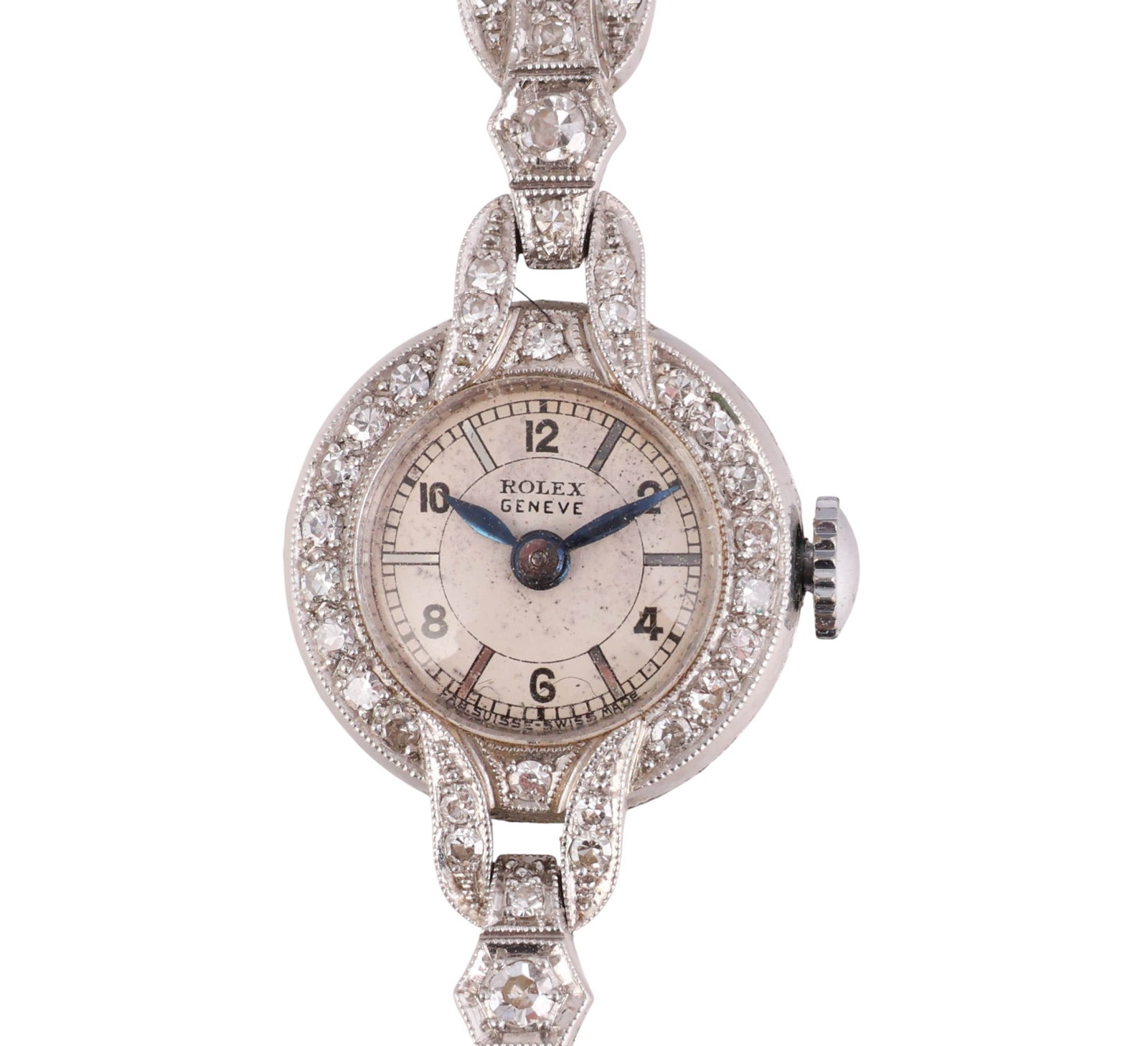Rolex Ref 2950 Ladies 18K White Gold Diamond Watch: Rolex Art Deco-era ladies' wristwatch, reference 2950, crafted in solid 18 karat white gold. The round case measures approximately 15mm wide (excluding crown) and is set with a hand-applied diamond be