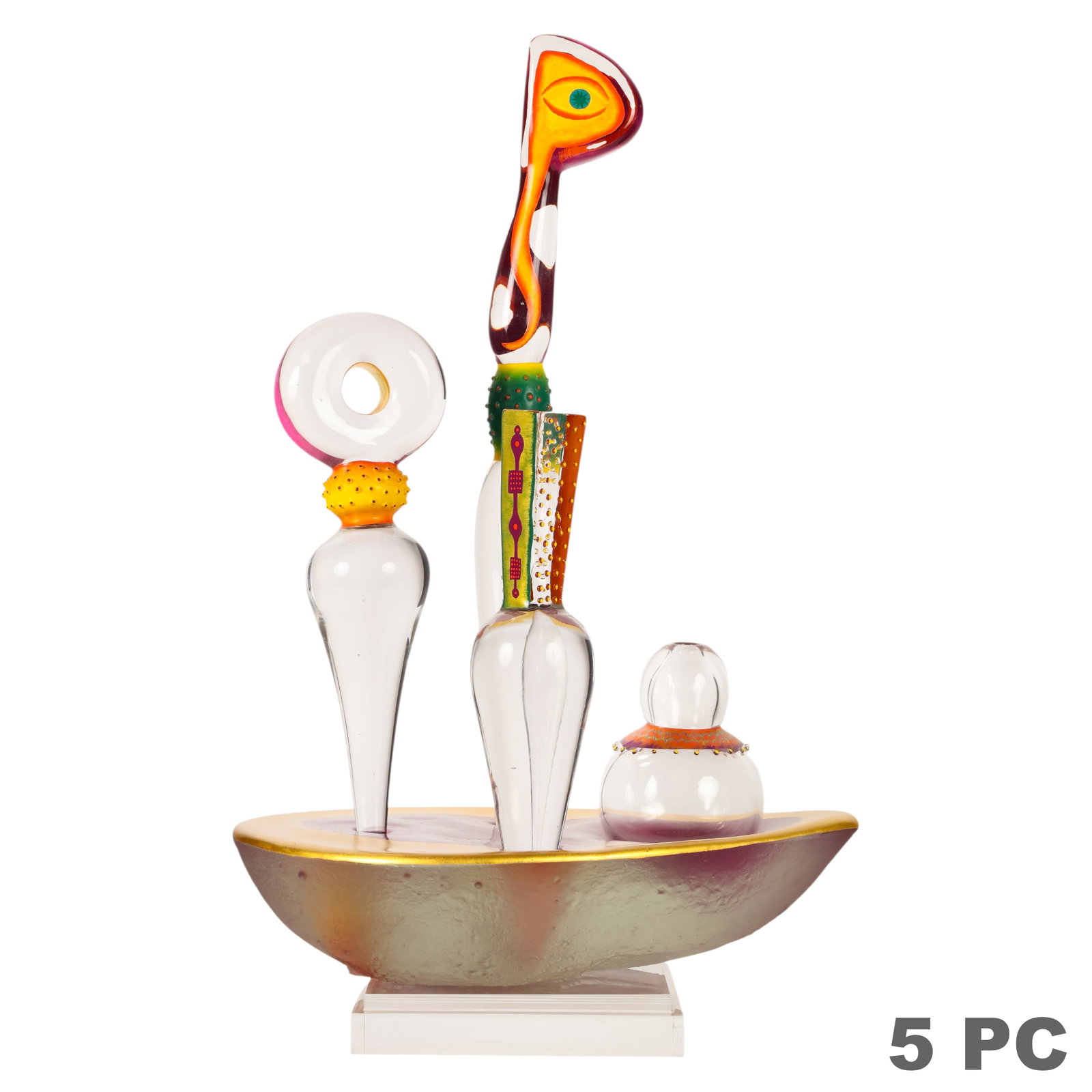 Jose Chardiet (b.1956) Glass Assemblage Sculpture: Jose Chardiet (Cuban, born 1956), a studio art glass sculpture composed of four individually hand-blown glass elements arranged vertically within a shallow glass base. Each form features hand-painted