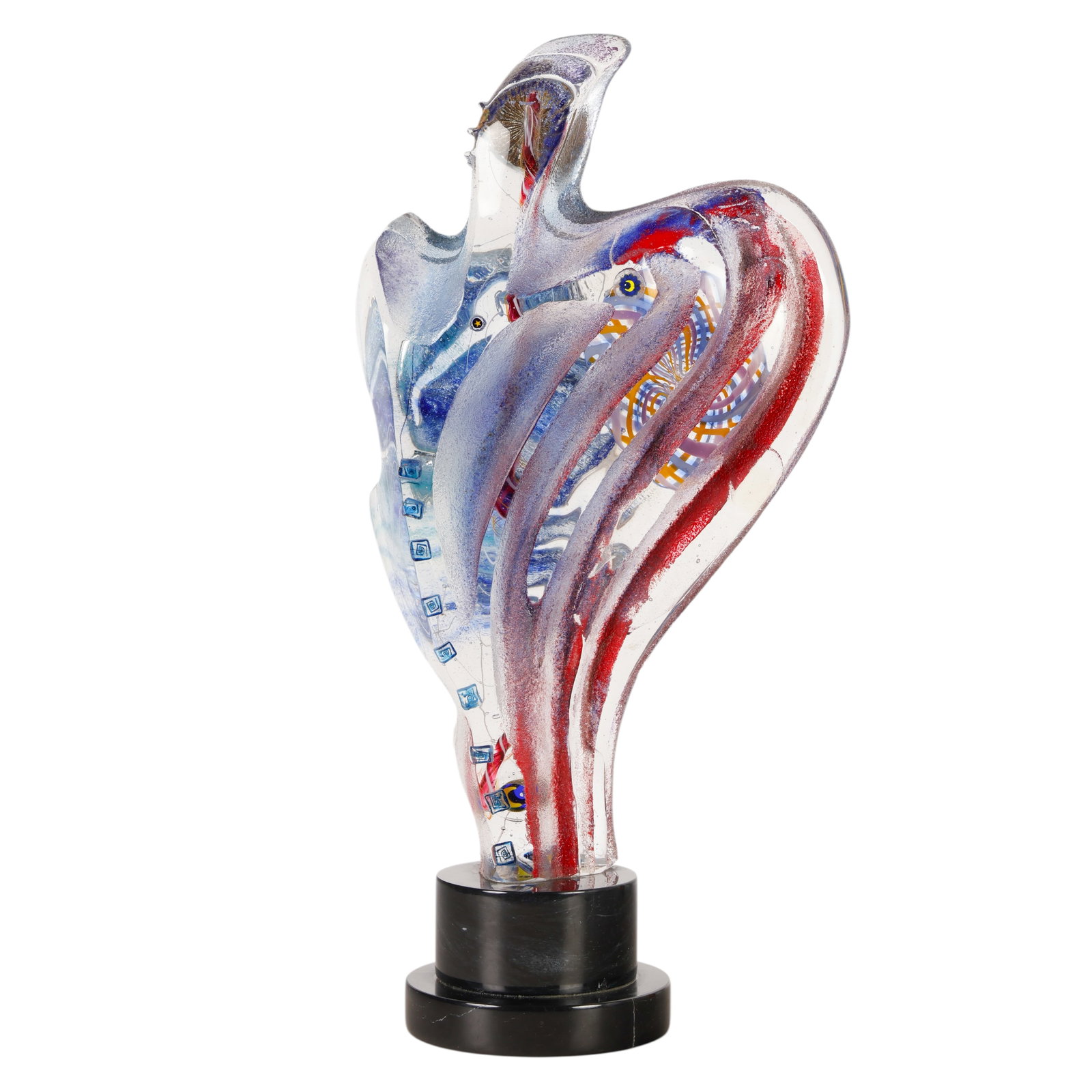 Susan Gott (b.1959) Art Glass Figurative Sculpture: Susan Batson Gott (American, born 1959), an abstract studio art glass sculpture created using cast and fused techniques, featuring embedded colored inclusions, glass canes, and millefiori elements